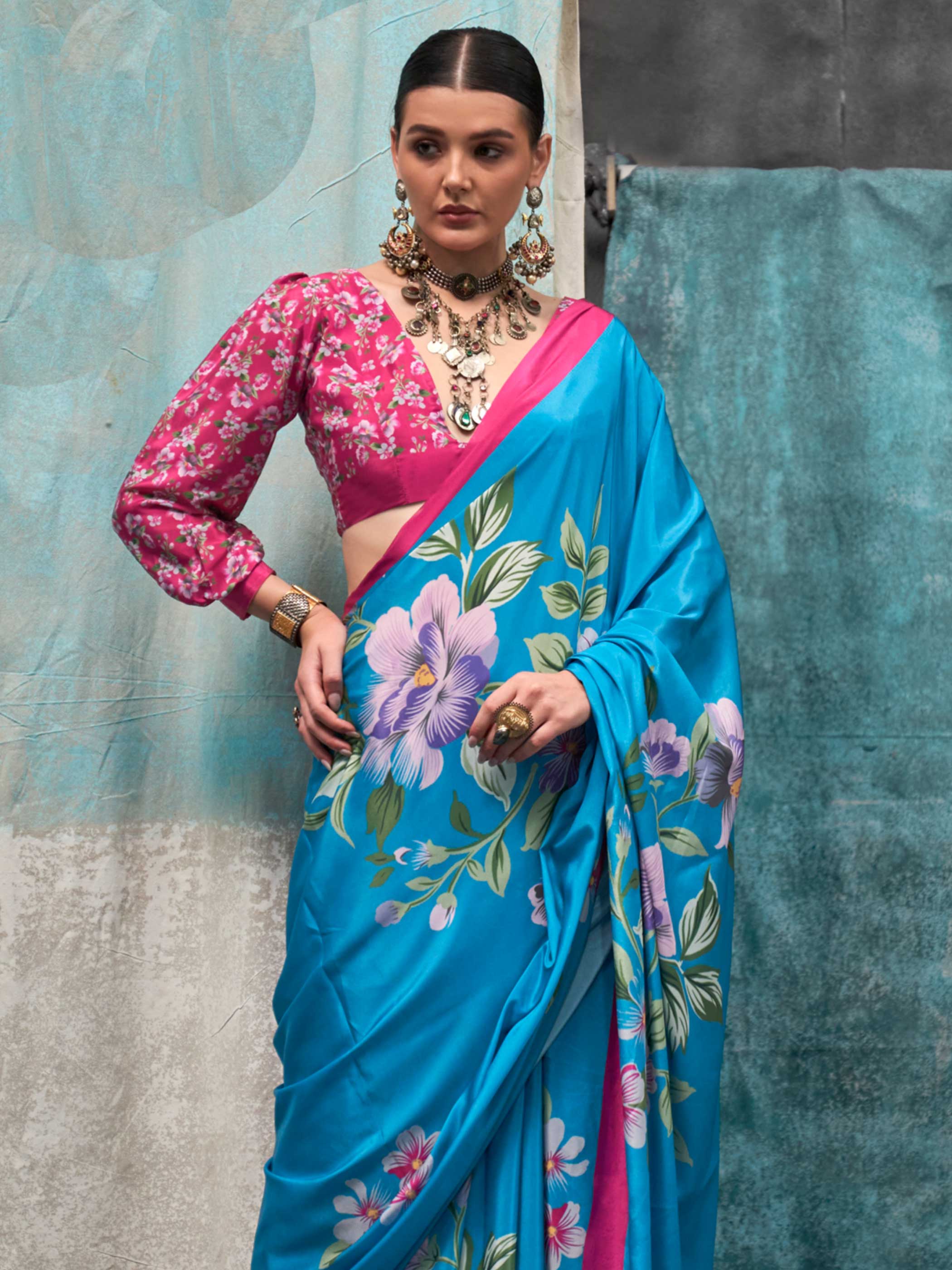Classic Turquoise Blue Crepe Silk Saree - Image 5