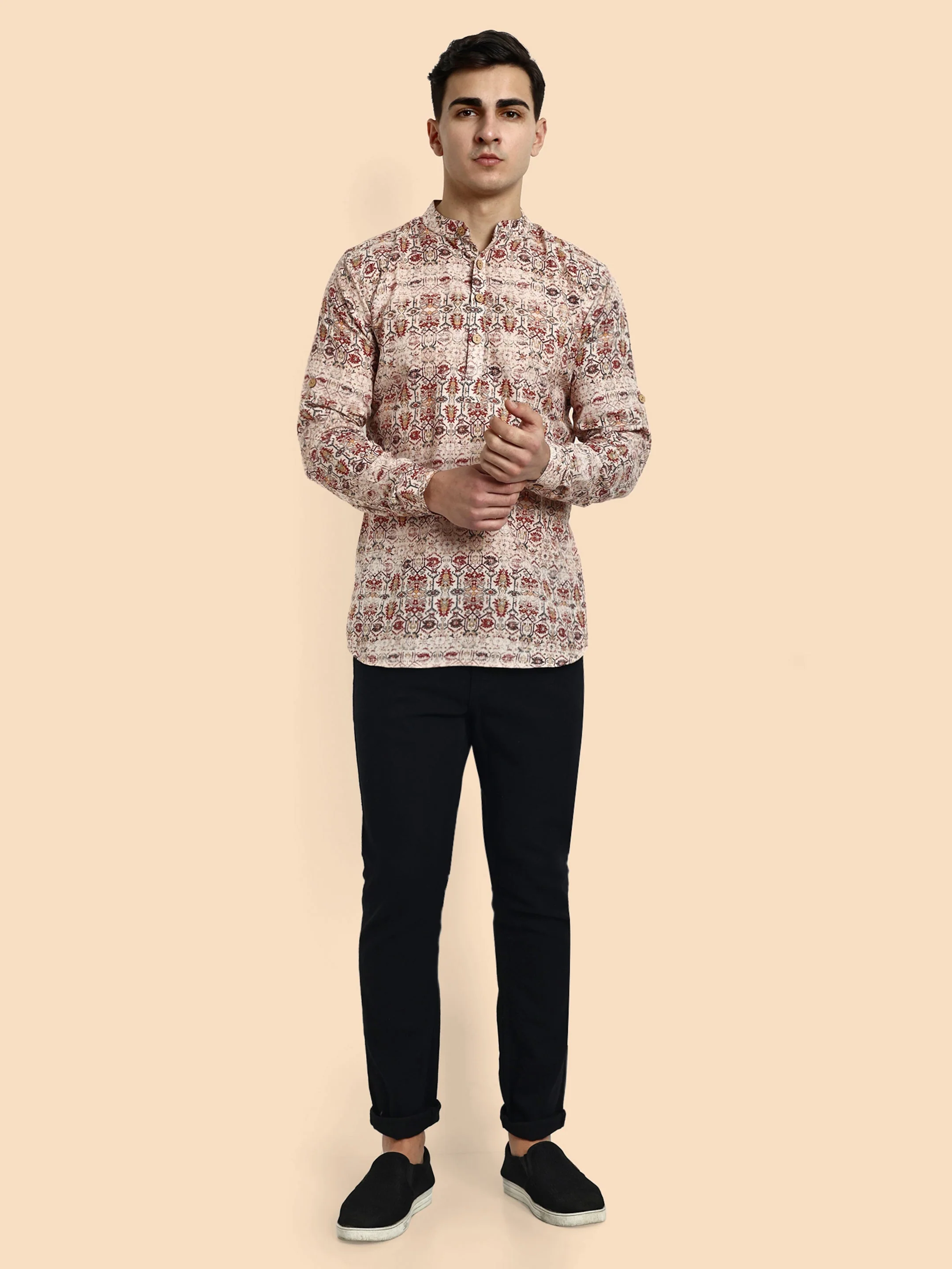 Off White Printed Men's Short Kurta - Image 4