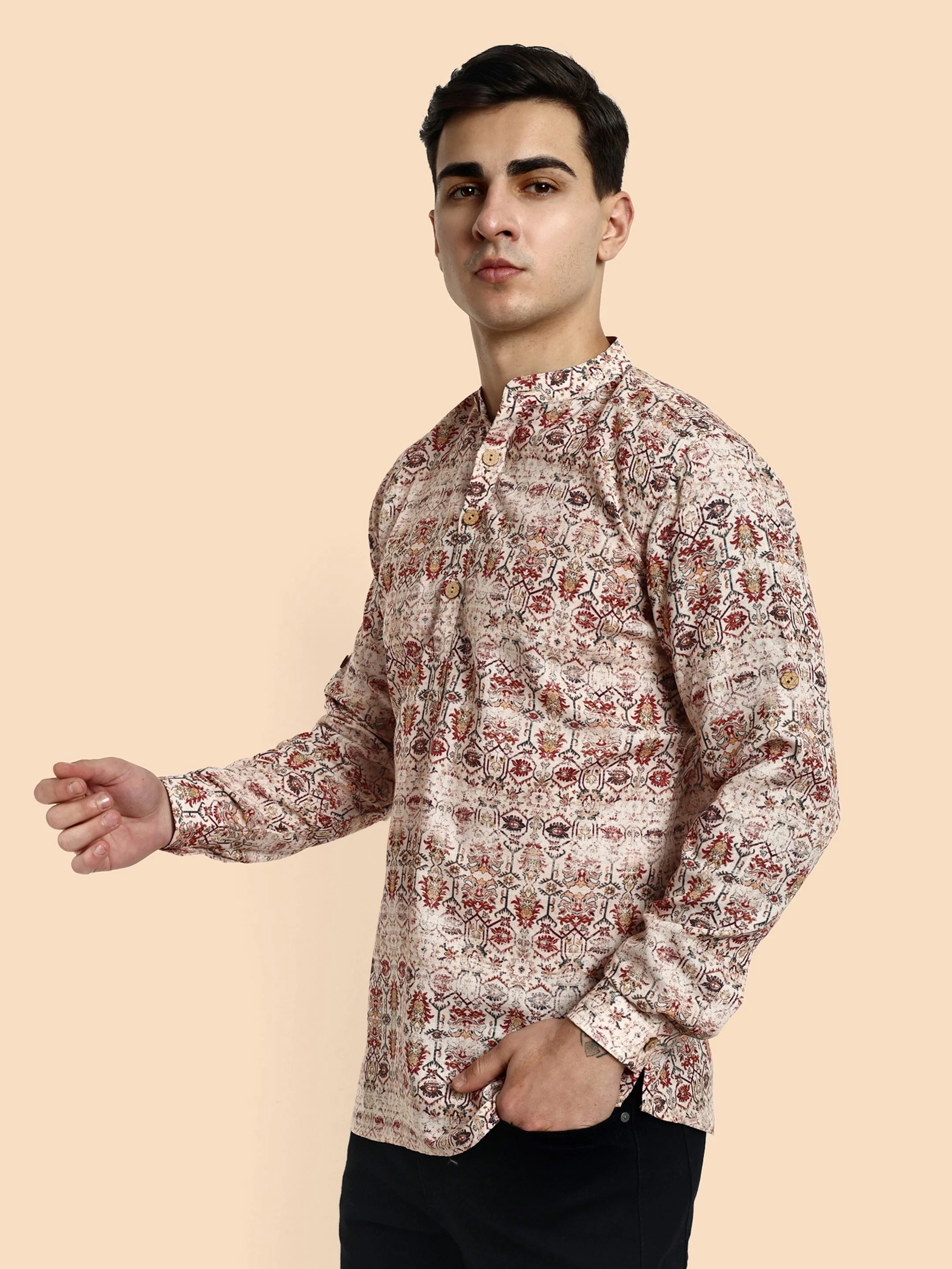 Off White Printed Men's Short Kurta - Image 5