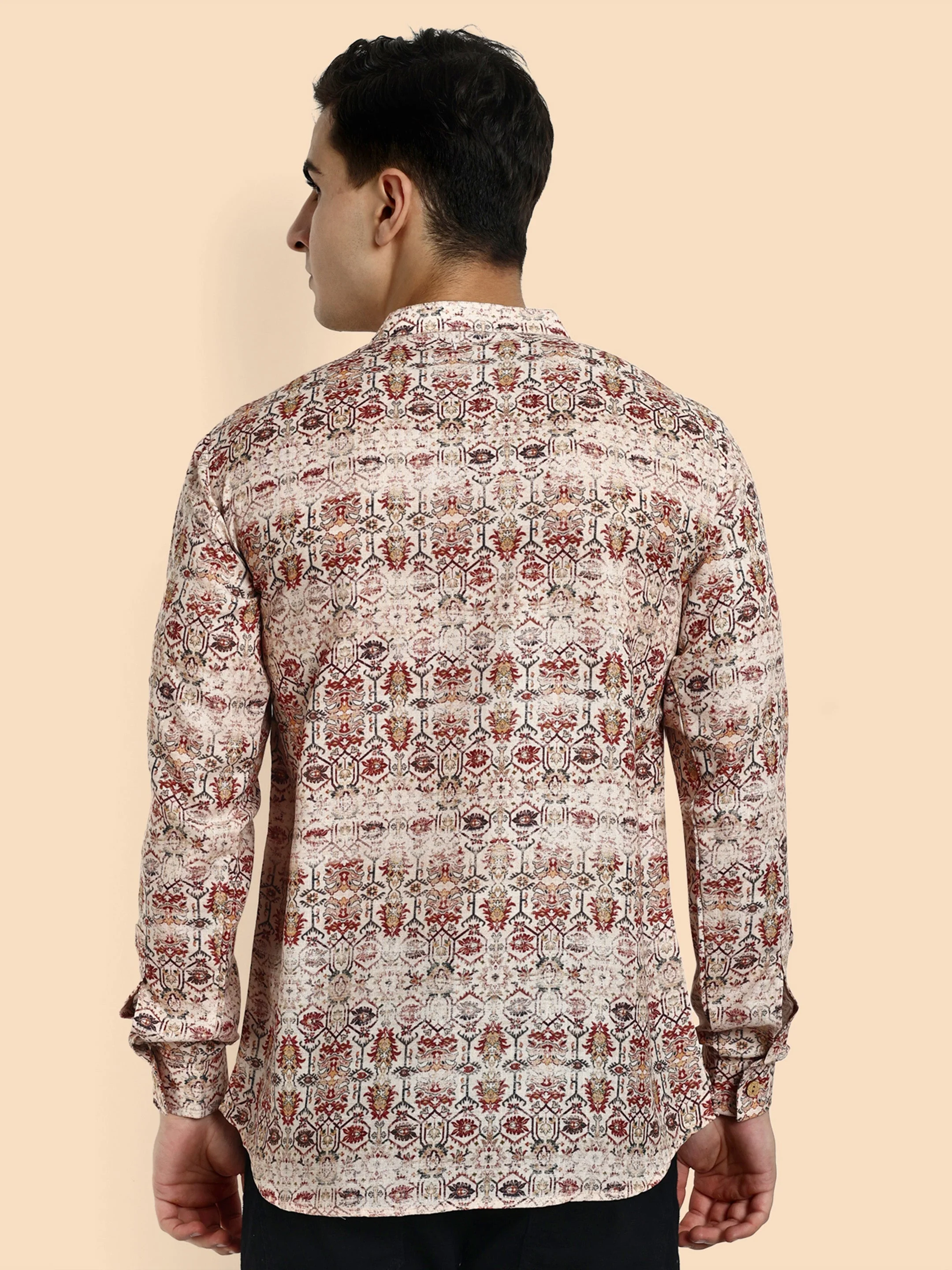 Off White Printed Men's Short Kurta - Image 6