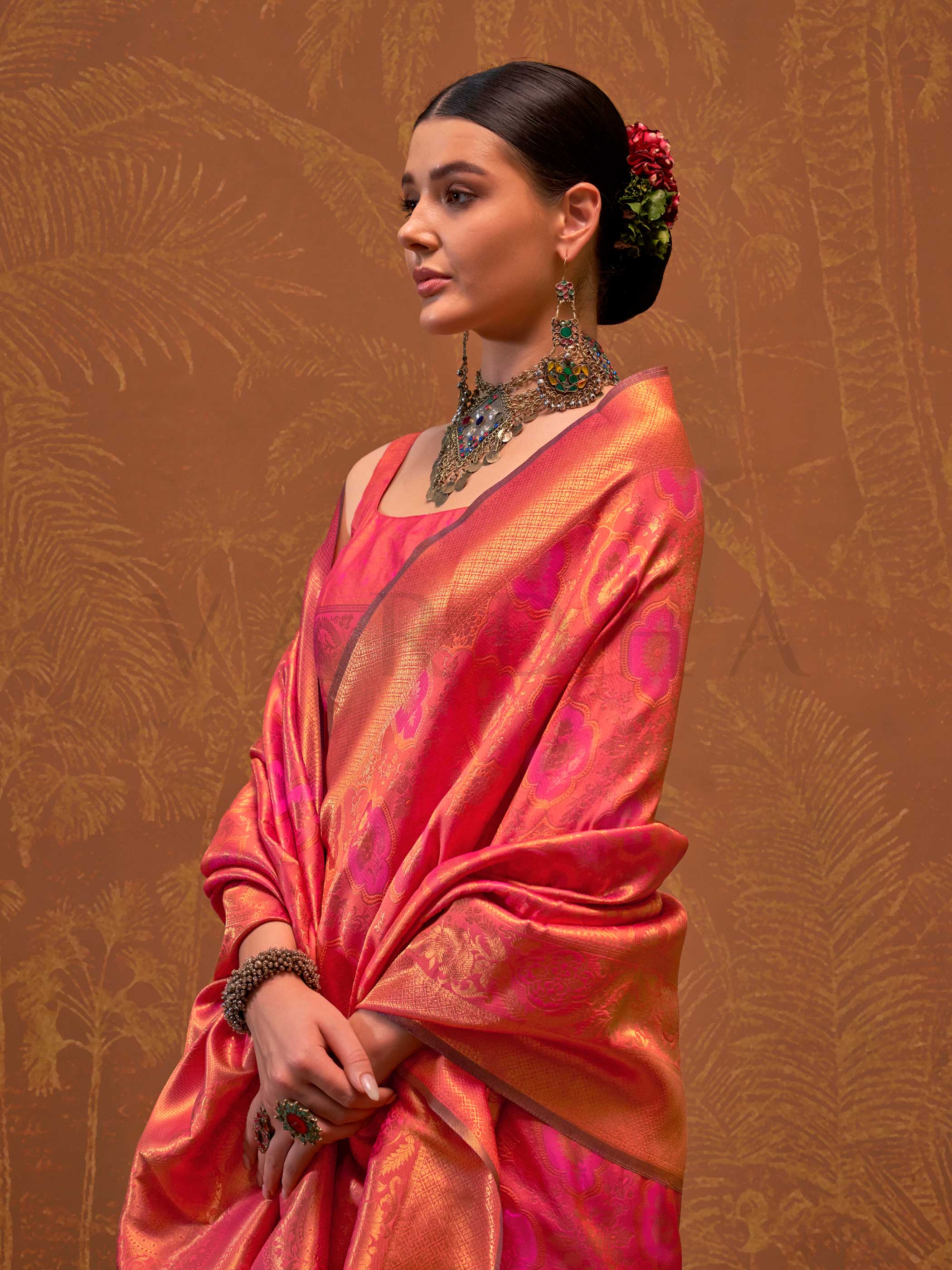 Coral Orange Kanjivaram Silk Saree with Woven Zari Work - Image 3