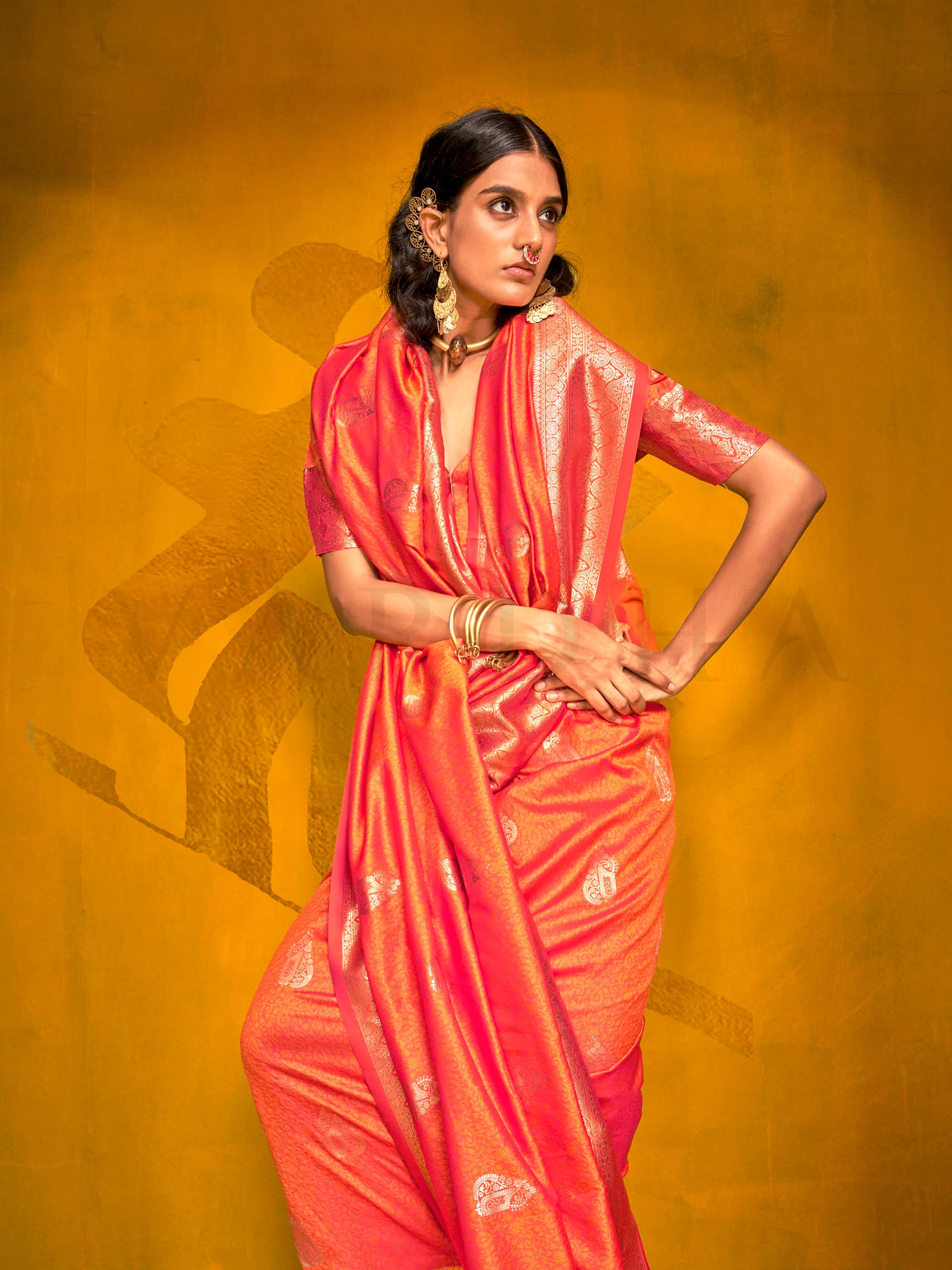 Coral Peach Satin Silk Saree with Woven Zari Work - Image 5