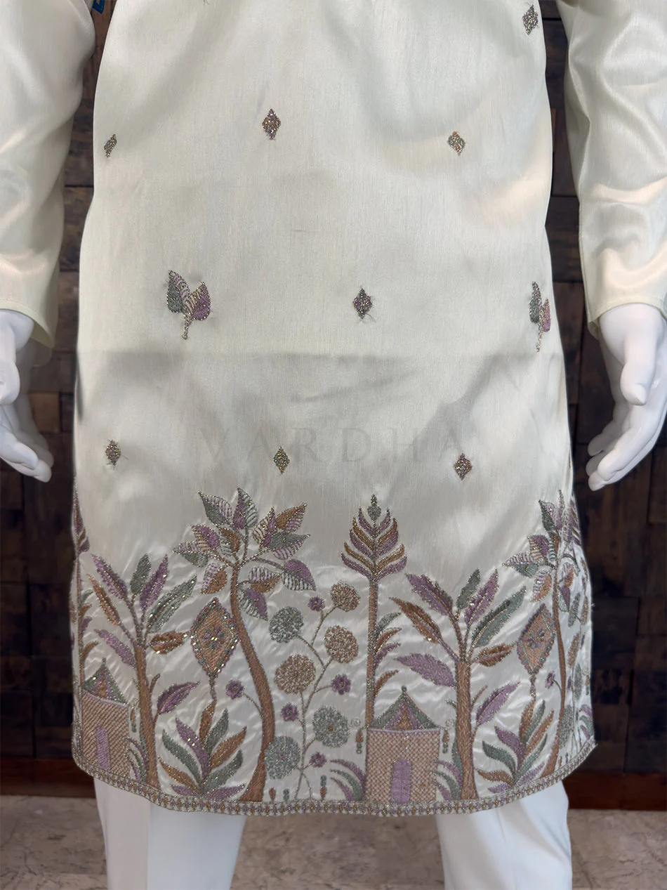 Cream Art Silk Designer Kurta with Scenic Nature Hemline Embroidery - Image 3