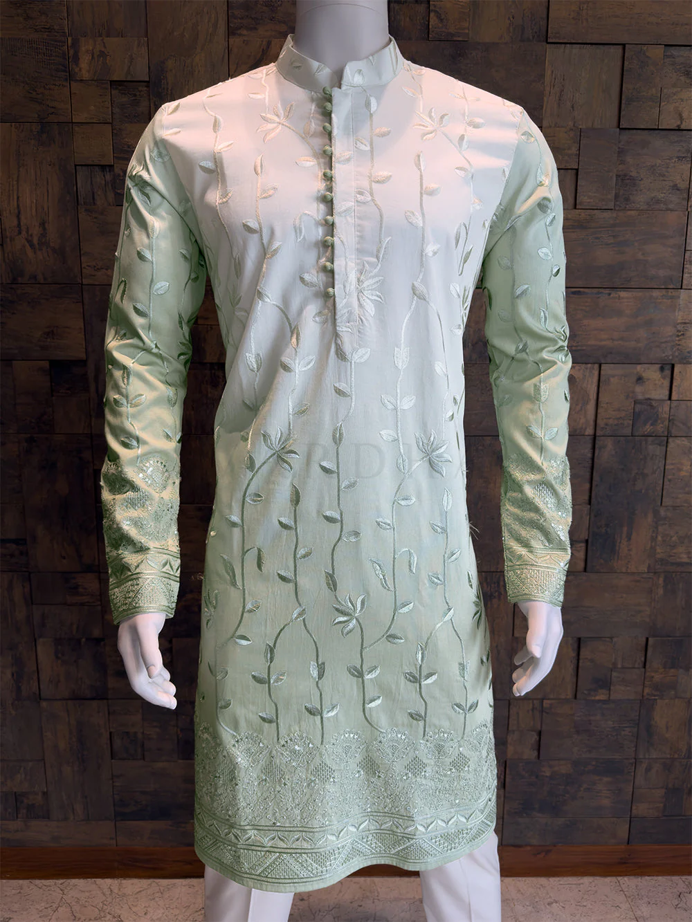 Cream-Pista Viscose Kurta with Leaf Vine Embroidery & Sequins Work - Image 7