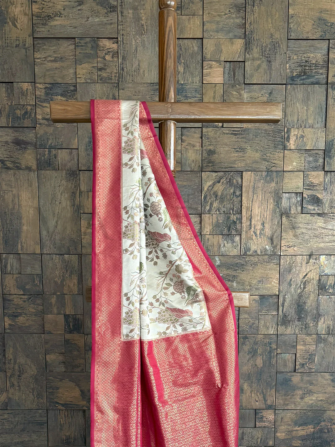 Cream Wine Woven Kalamkari Art Silk Traditional Saree with Zari Work - Image 2