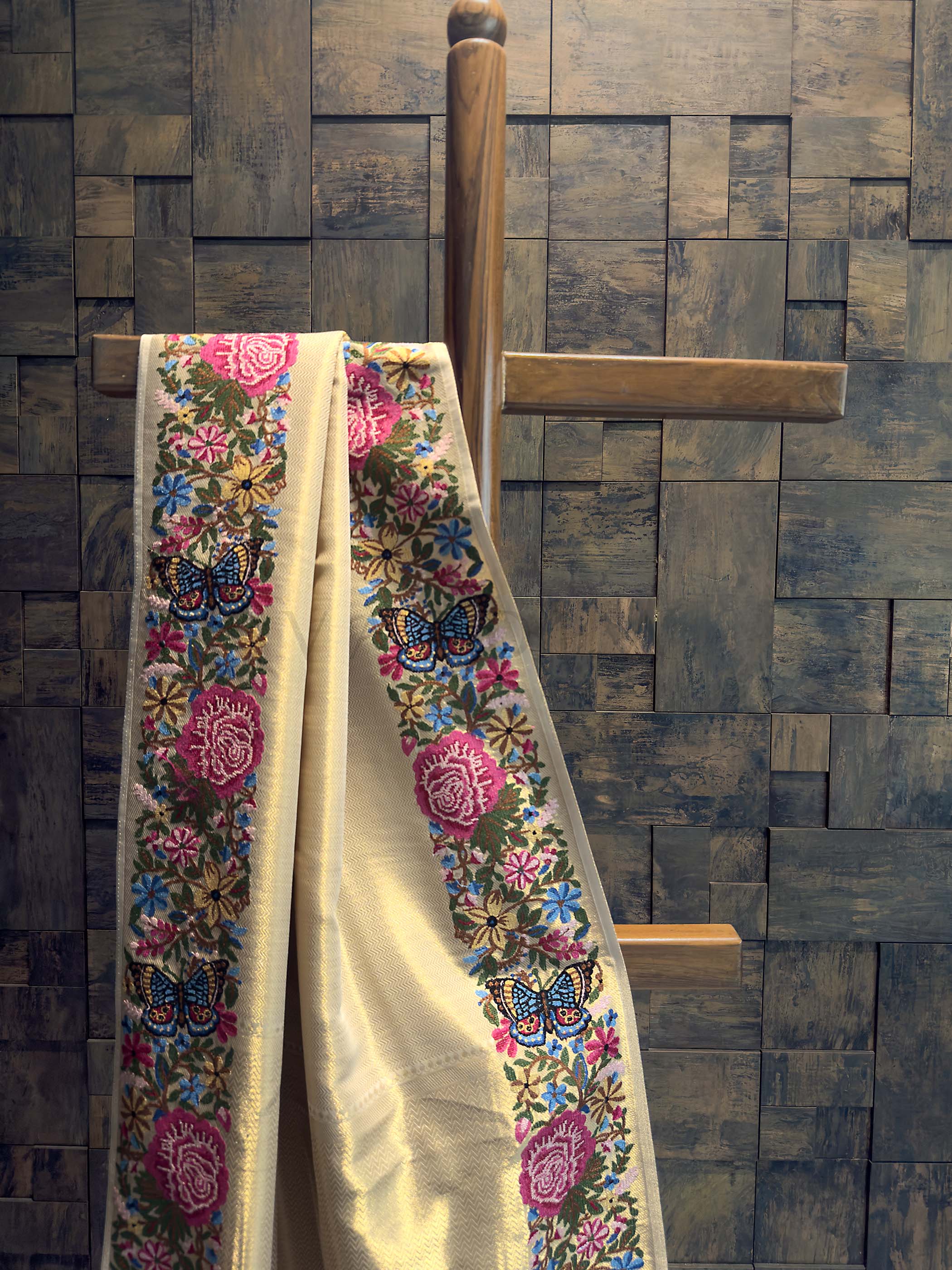 Cream Tissue Kanjivaram Silk Saree with Parsi Gara Embroidery - Image 2