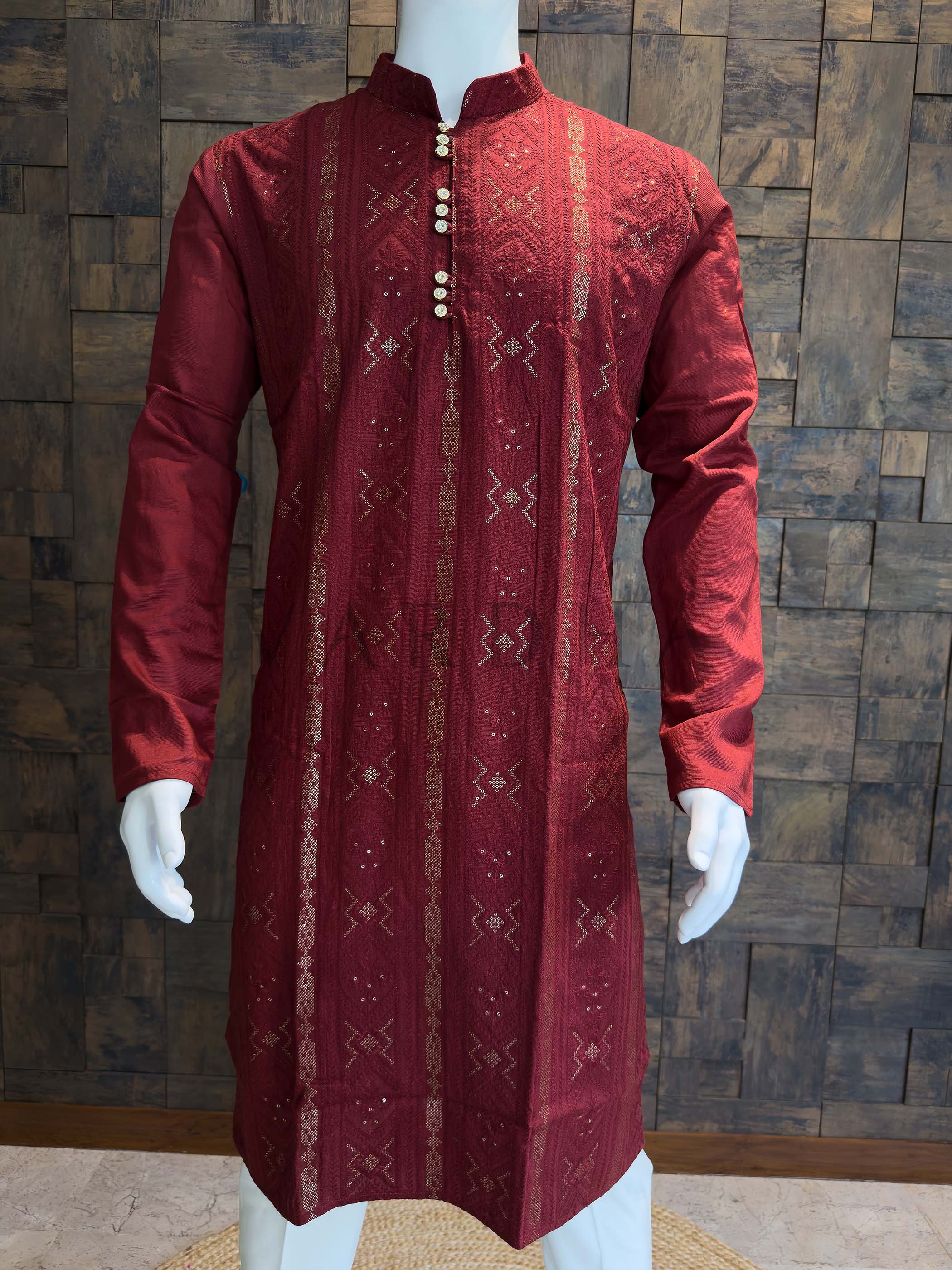 Crimson Red Viscose Jacquard Kurta with Sequins - Image 3