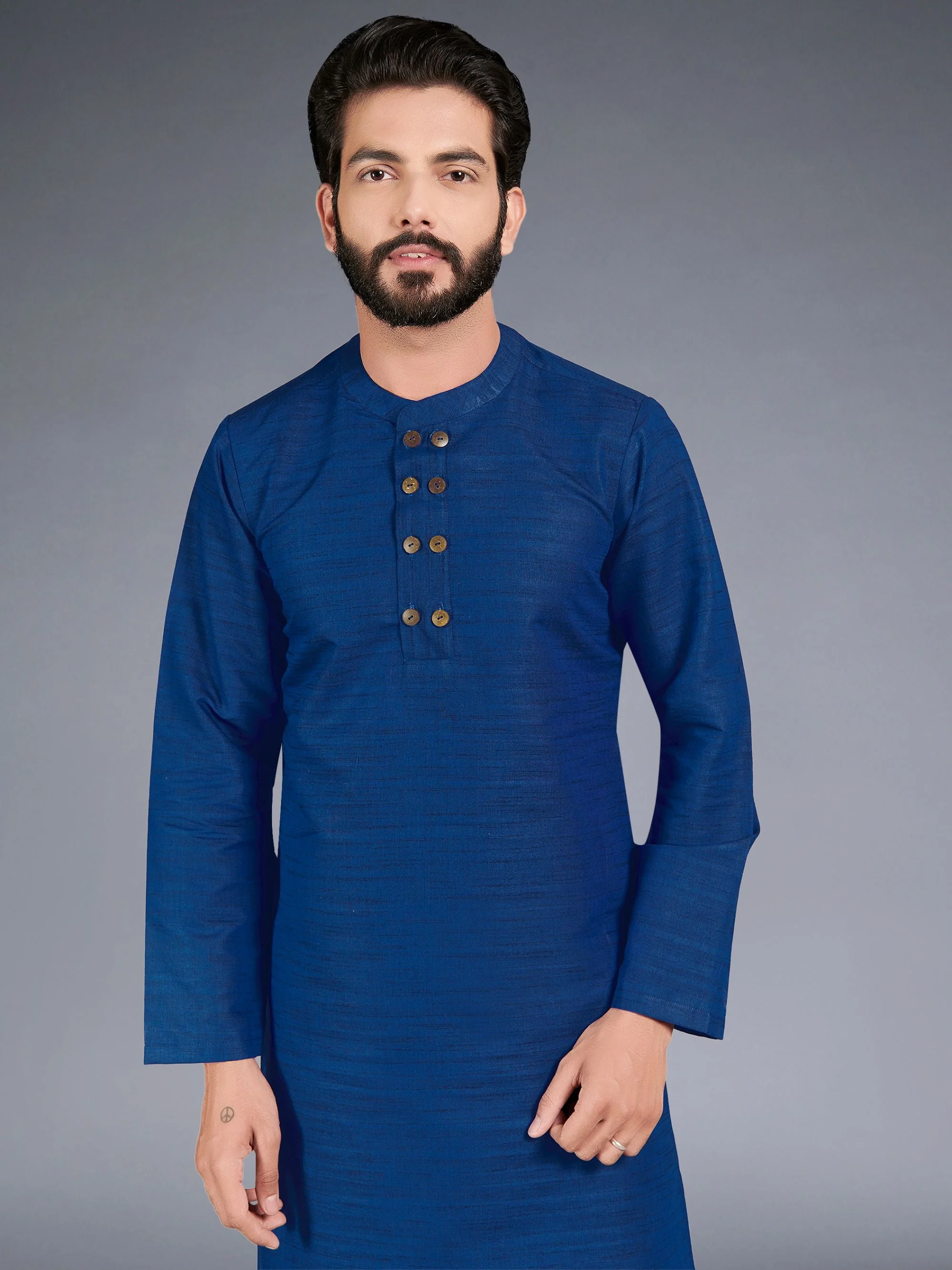 Dark Blue Traditional Solid Straight Cotton Kurta for Wedding and Celebrations - Image 2