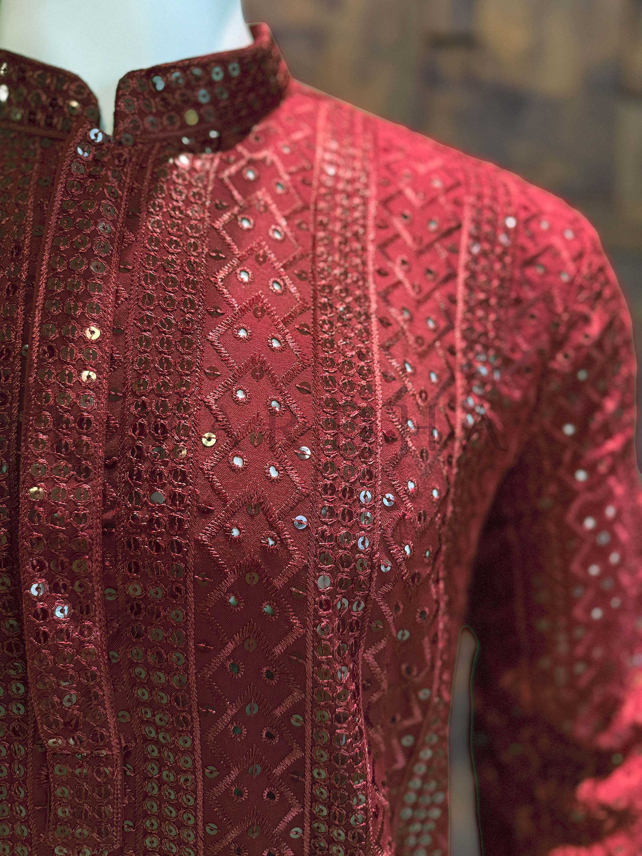 Deep Maroon Viscose Kurta with Sequin Embroidered - Image 4