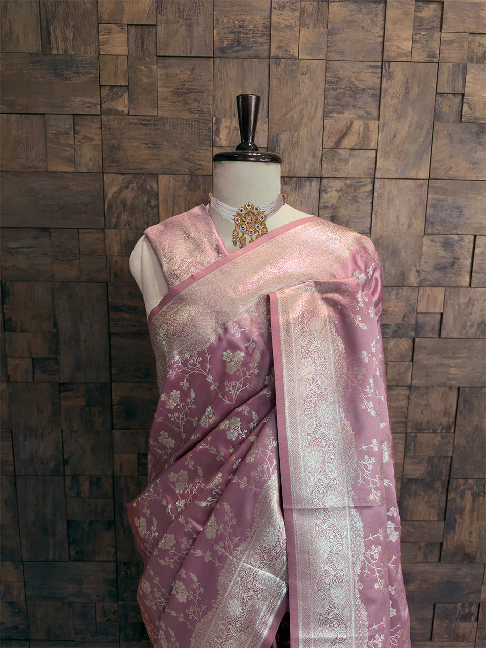 Dusty Lilac Banarasi Satin Silk Saree with Gold Zari - Image 2
