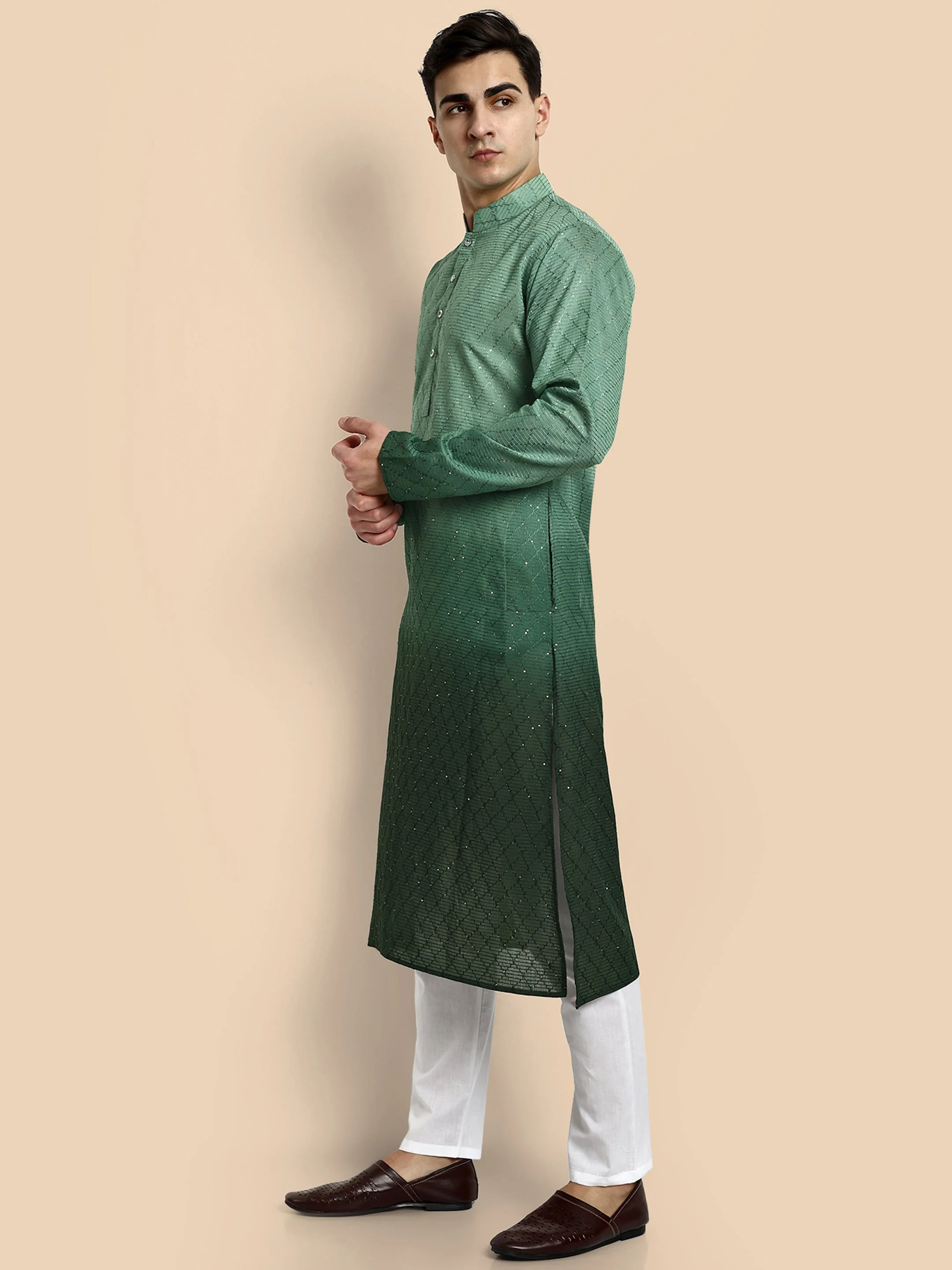 Emerald Green Cotton Kurta with Chikankari & Sequin Work - Image 3