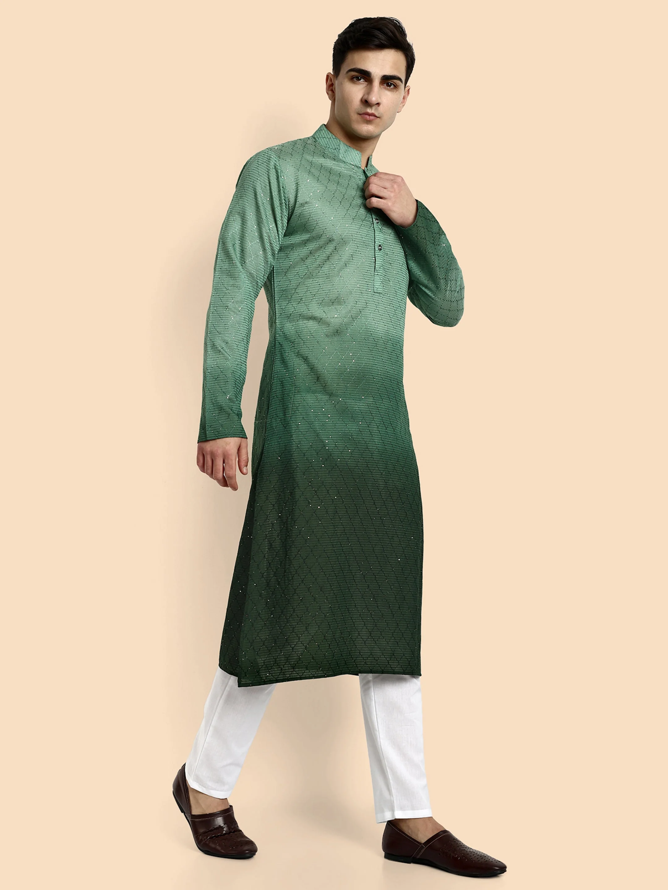 Emerald Green Cotton Kurta with Chikankari & Sequin Work - Image 4