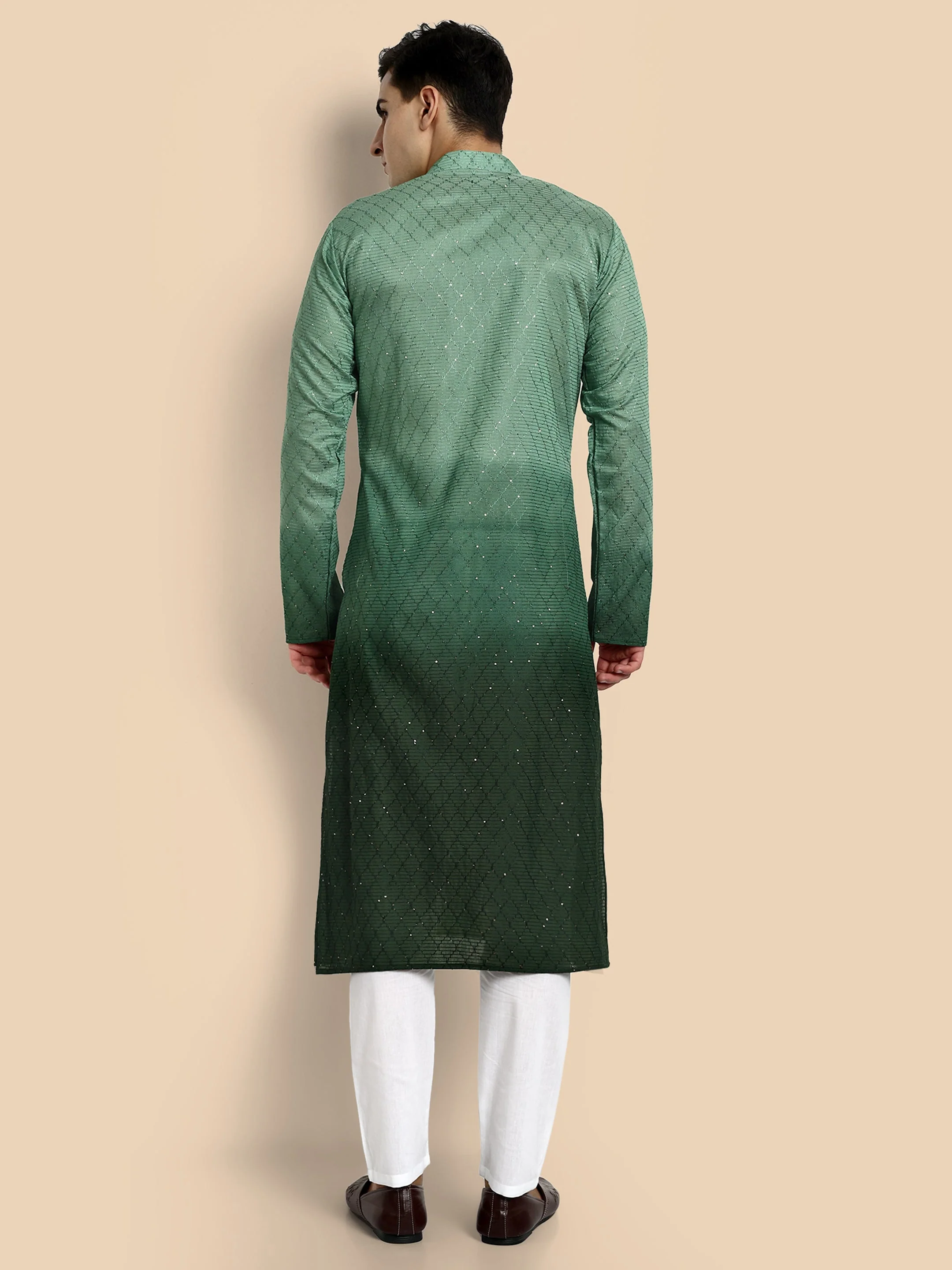 Emerald Green Cotton Kurta with Chikankari & Sequin Work - Image 5