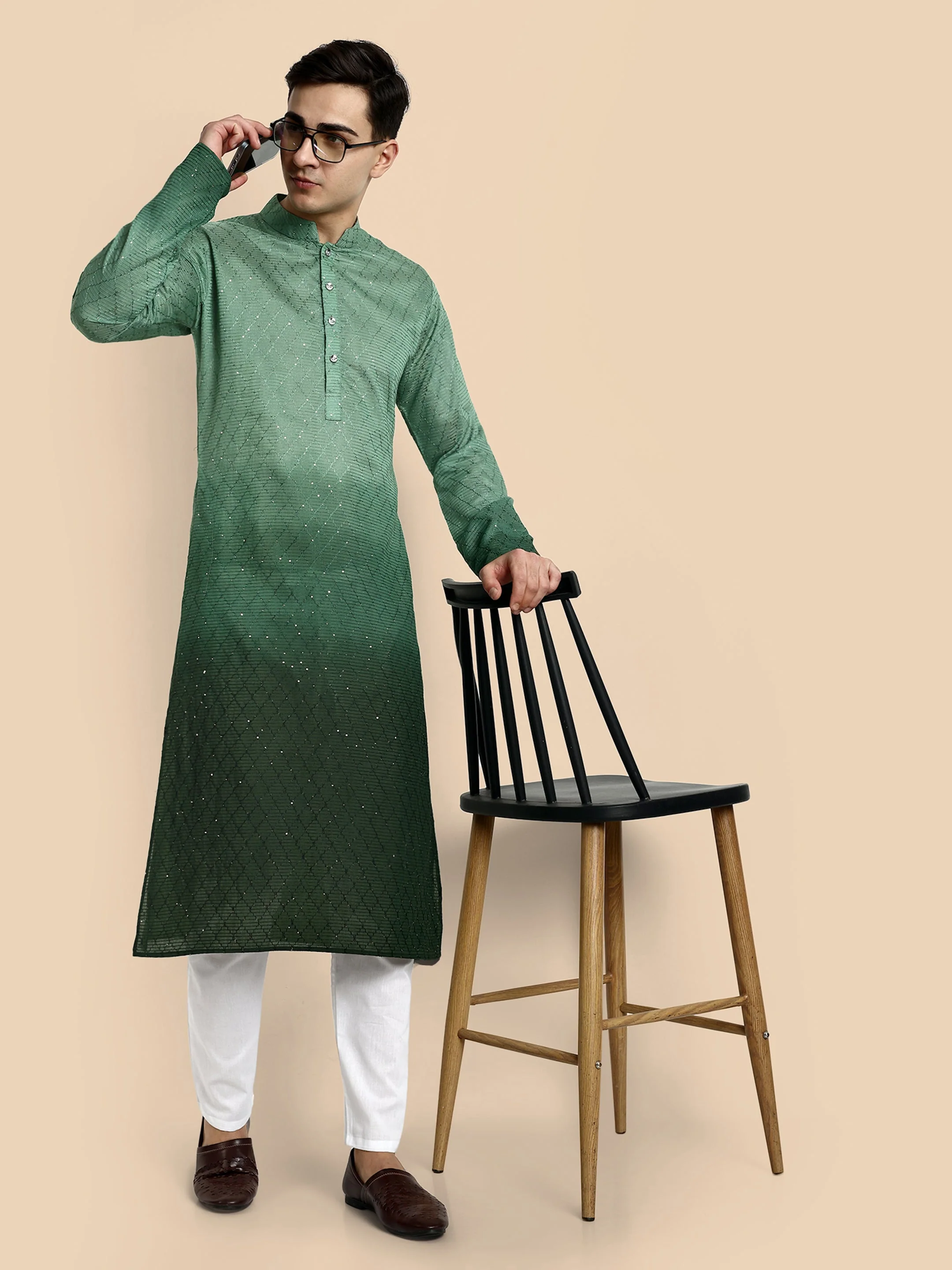 Emerald Green Cotton Kurta with Chikankari & Sequin Work - Image 6