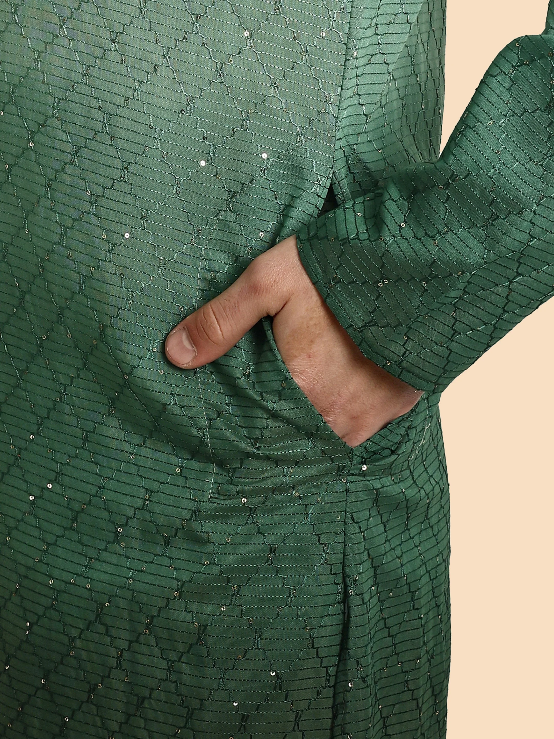 Emerald Green Cotton Kurta with Chikankari & Sequin Work - Image 7