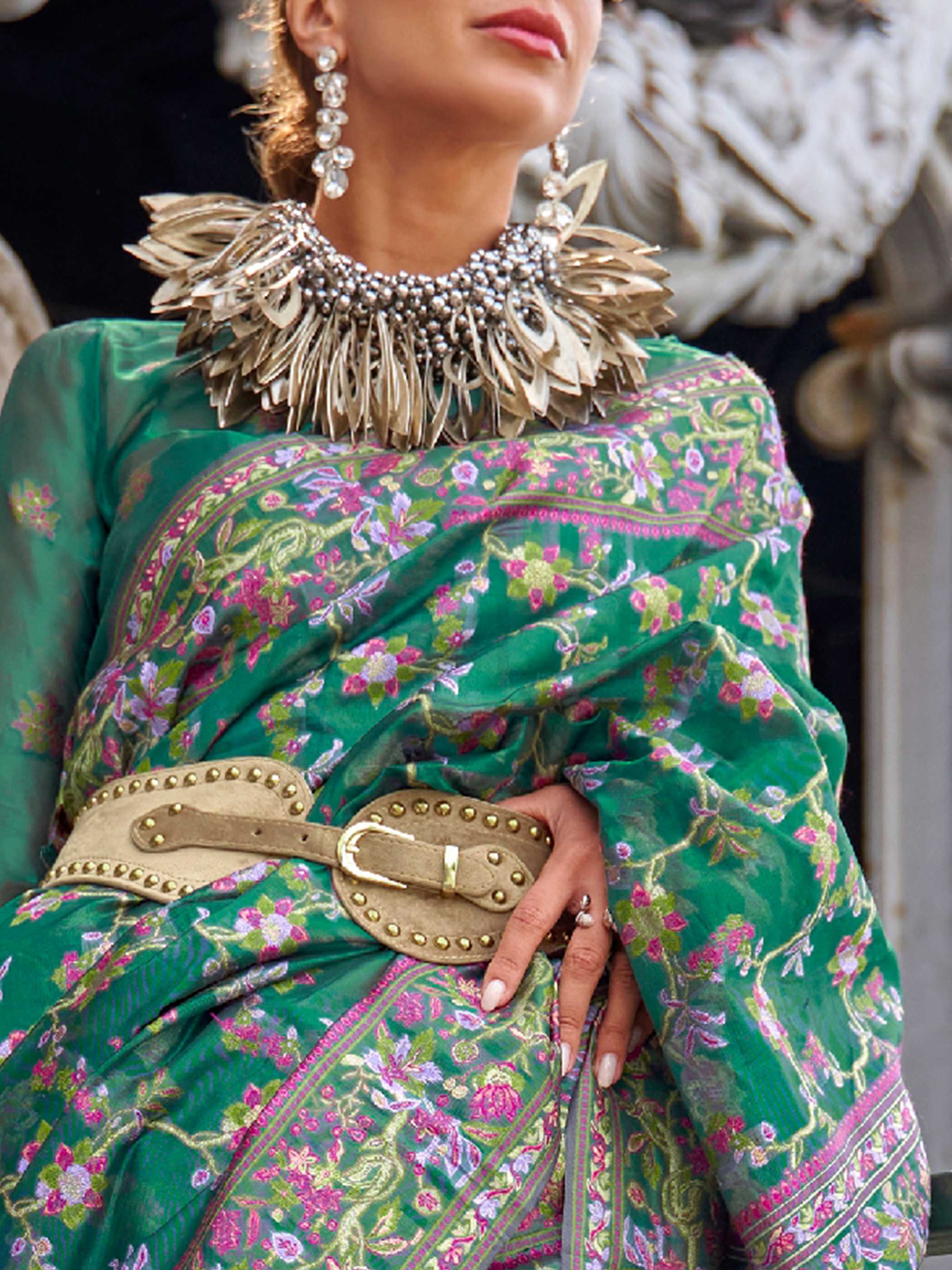 Emerald Green Organza Silk Saree - Image 4
