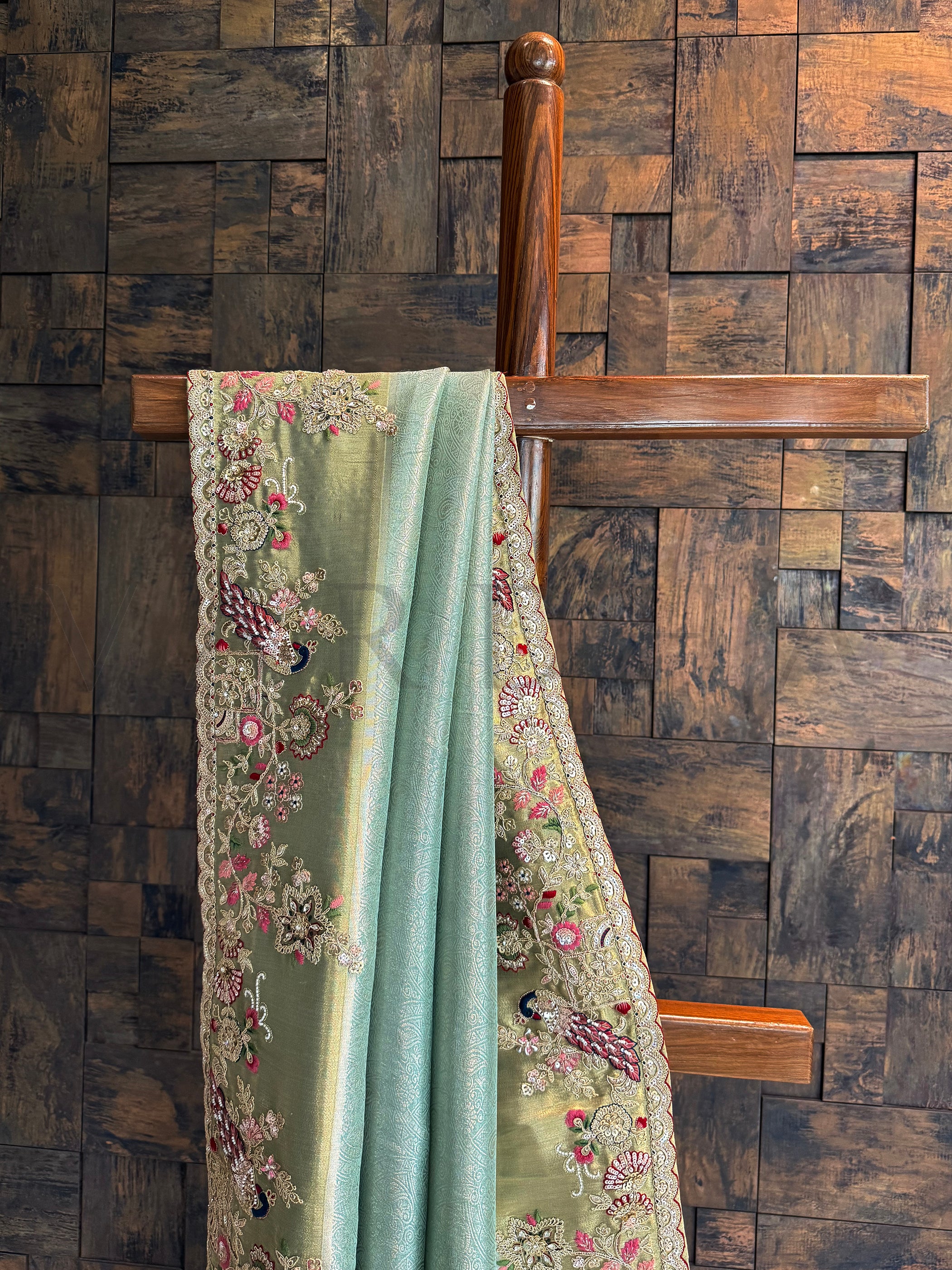 Firozi Saree Kanjivaram Tissue Silk Saree with Zari Weaving & Hand Work - Image 5