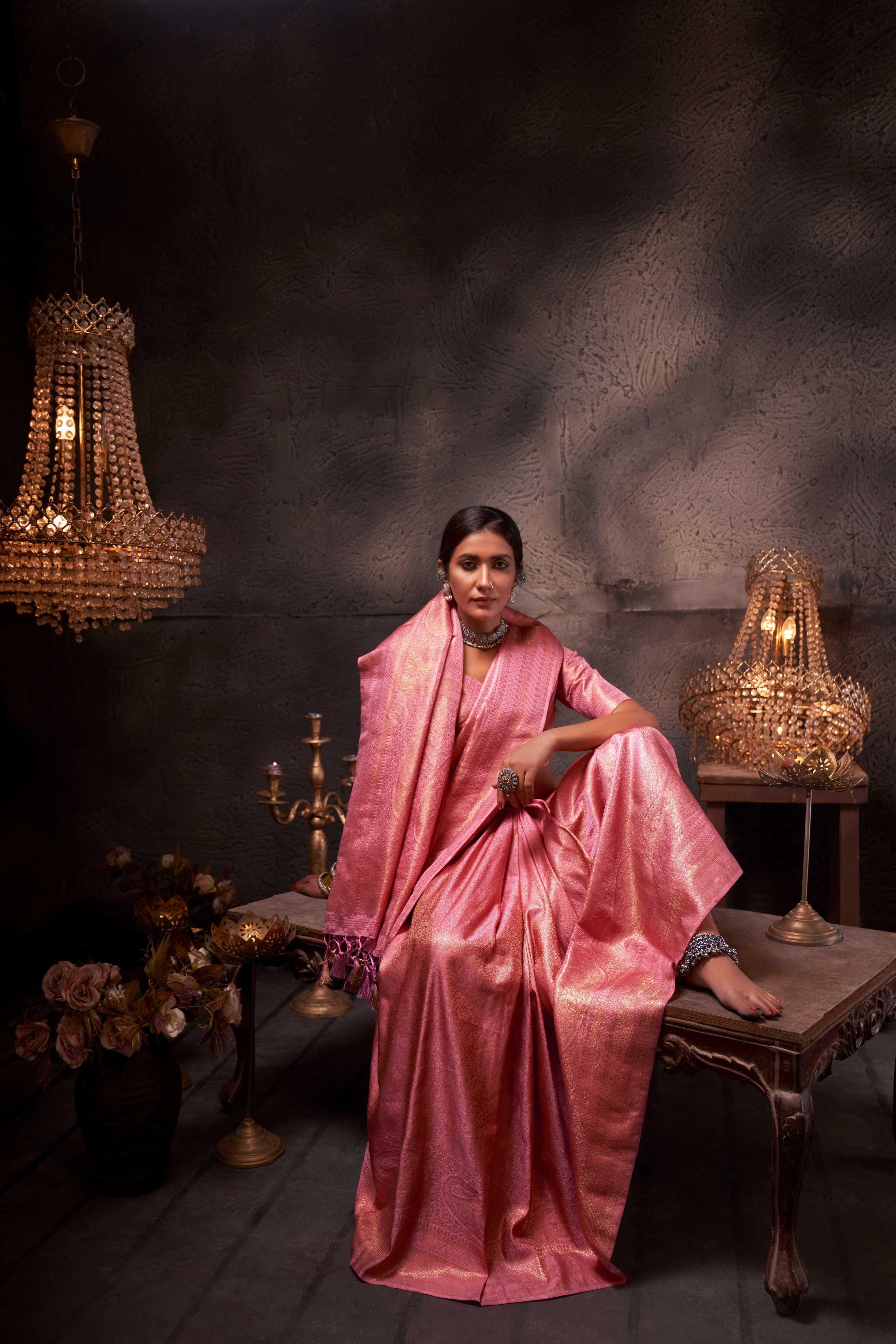 Flamingo Pink Gold Zari Kanjeevaram Silk Saree - Image 6