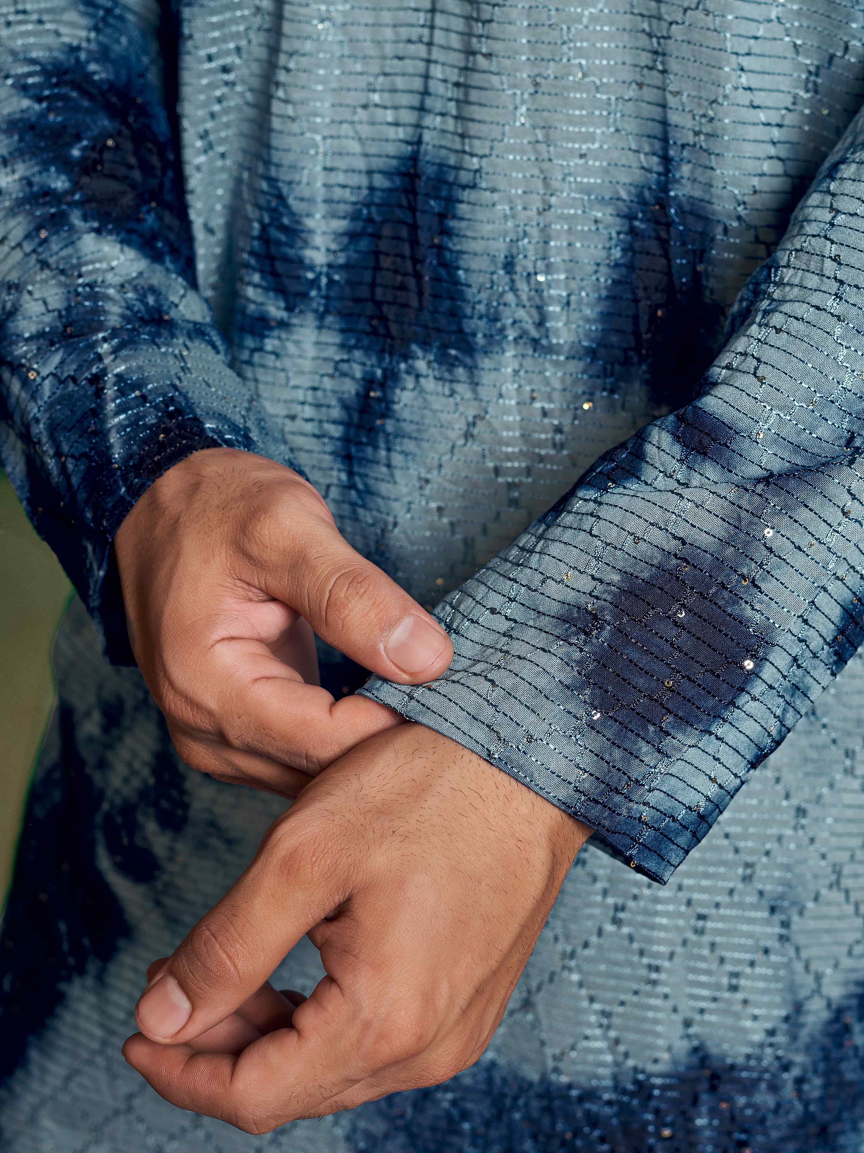 Flowy Blue Shibori Dyed Viscose Sequence Men's Kurta - Image 3