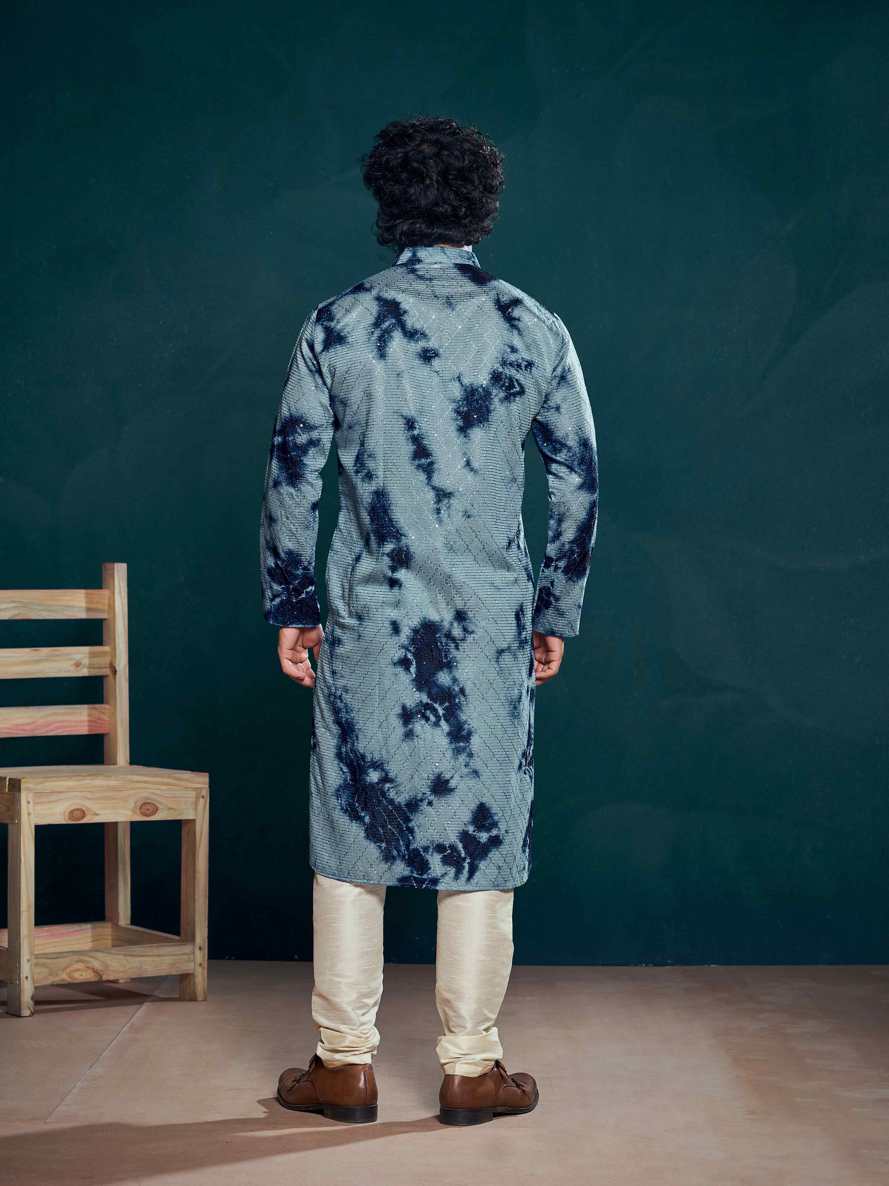 Flowy Blue Shibori Dyed Viscose Sequence Men's Kurta - Image 4