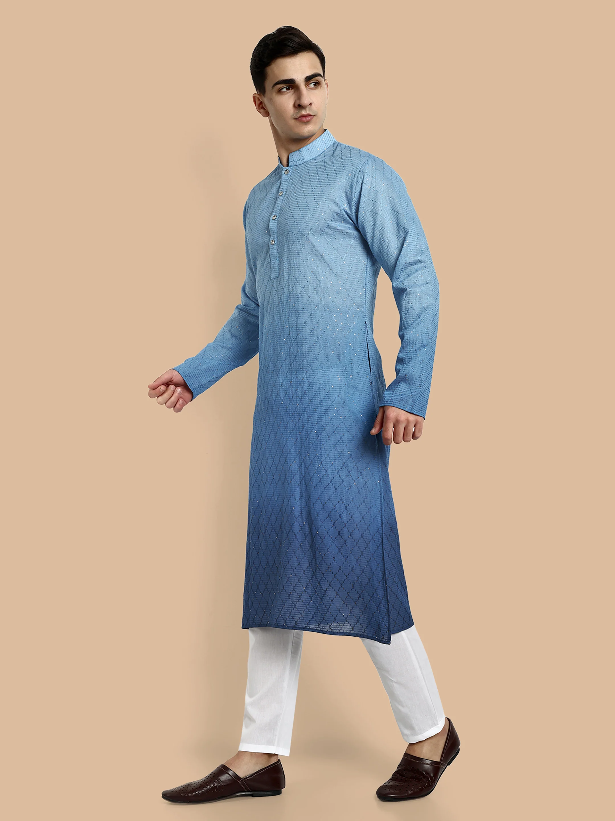Fusion Blue Cotton Kurta with Chikankari & Sequin Work - Image 3