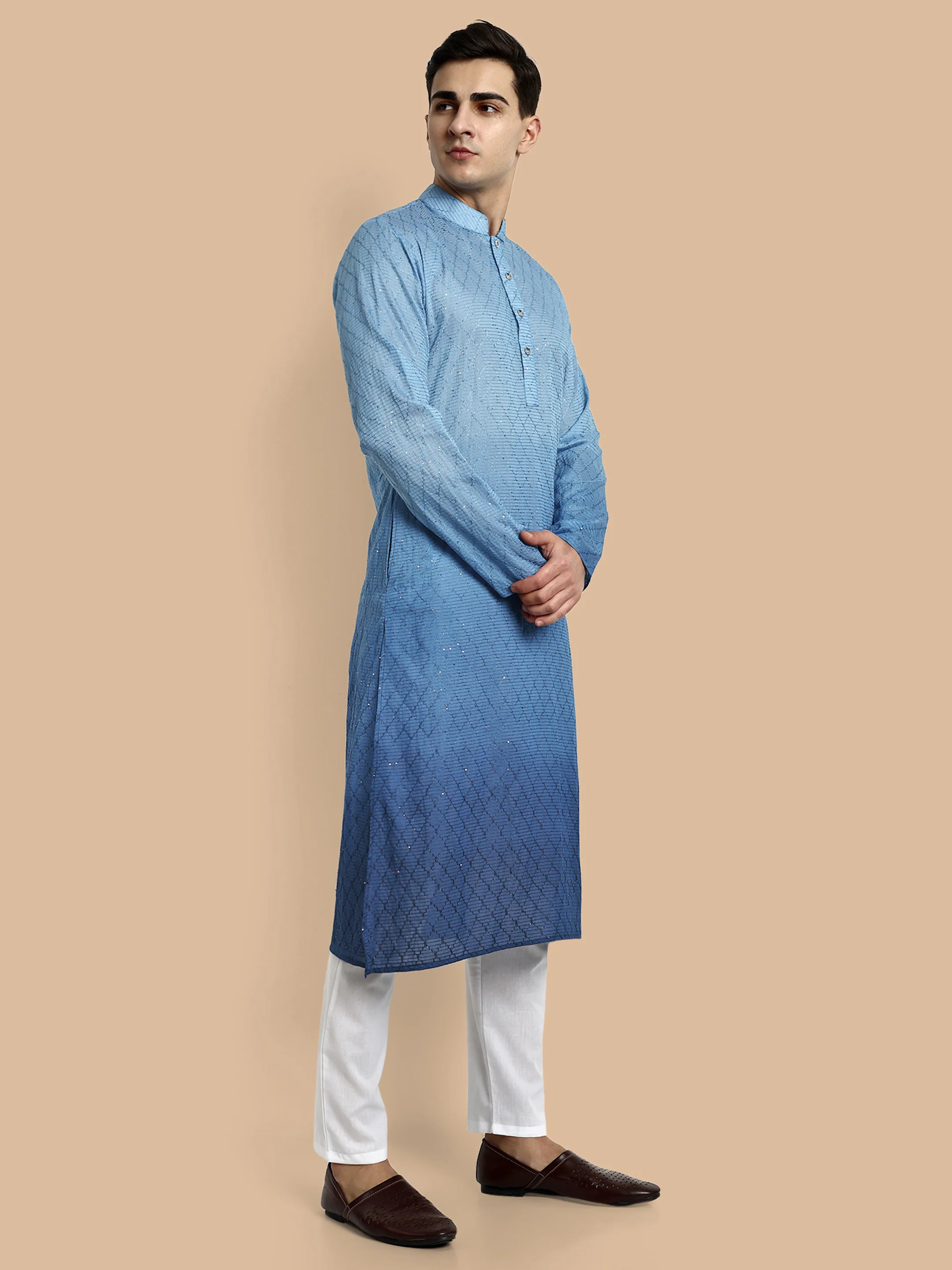 Fusion Blue Cotton Kurta with Chikankari & Sequin Work - Image 4