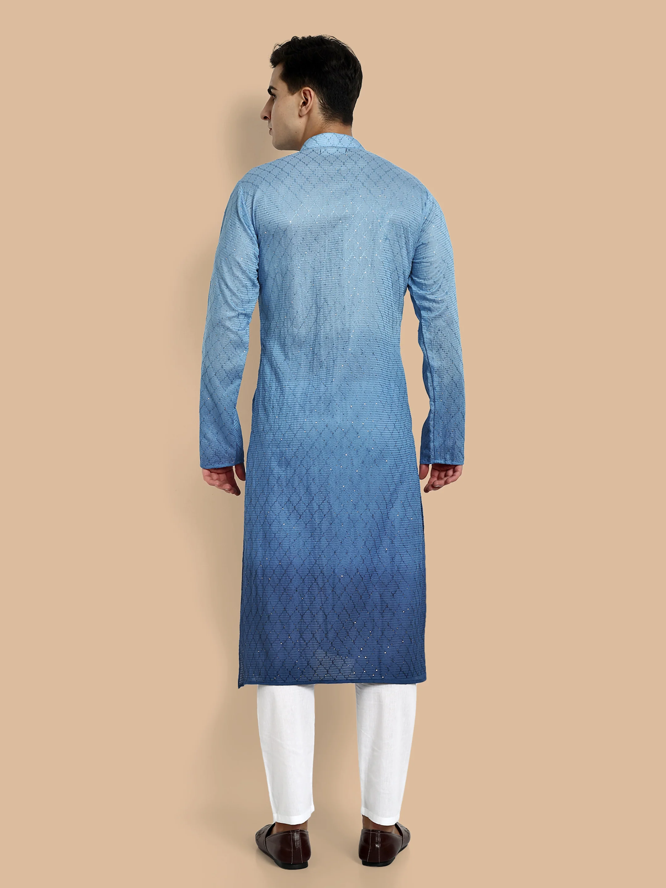Fusion Blue Cotton Kurta with Chikankari & Sequin Work - Image 5