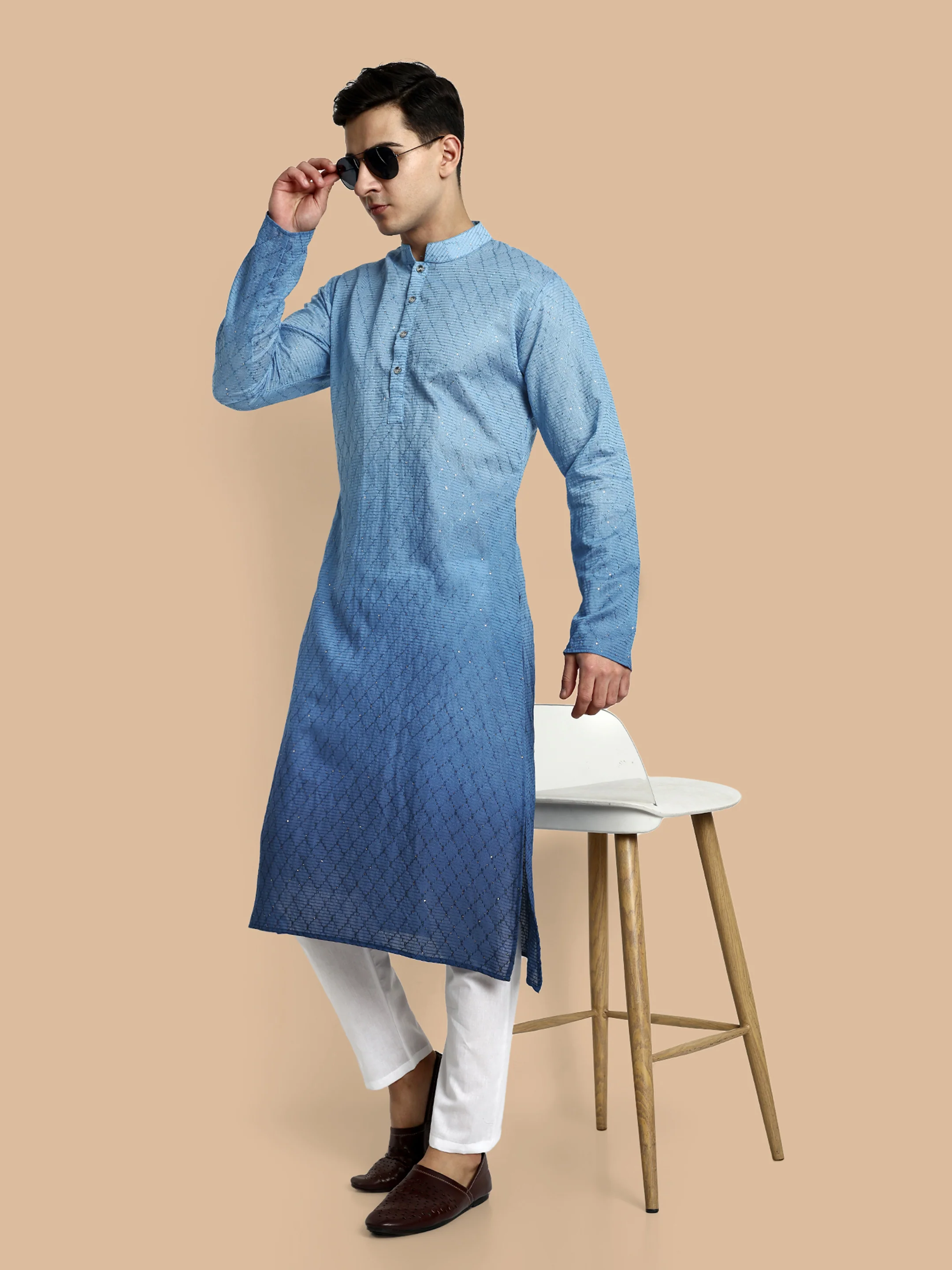 Fusion Blue Cotton Kurta with Chikankari & Sequin Work - Image 6