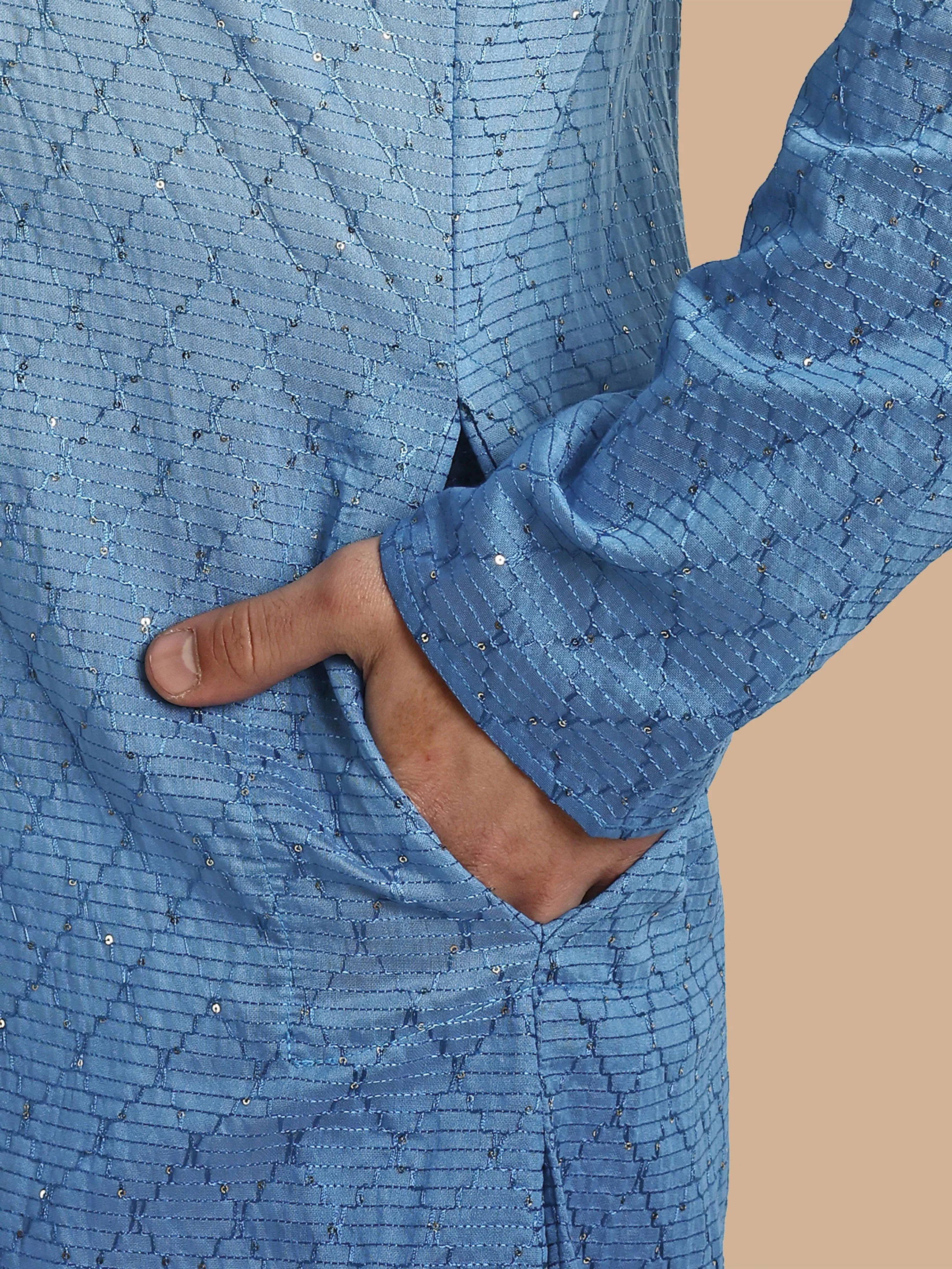 Fusion Blue Cotton Kurta with Chikankari & Sequin Work - Image 7