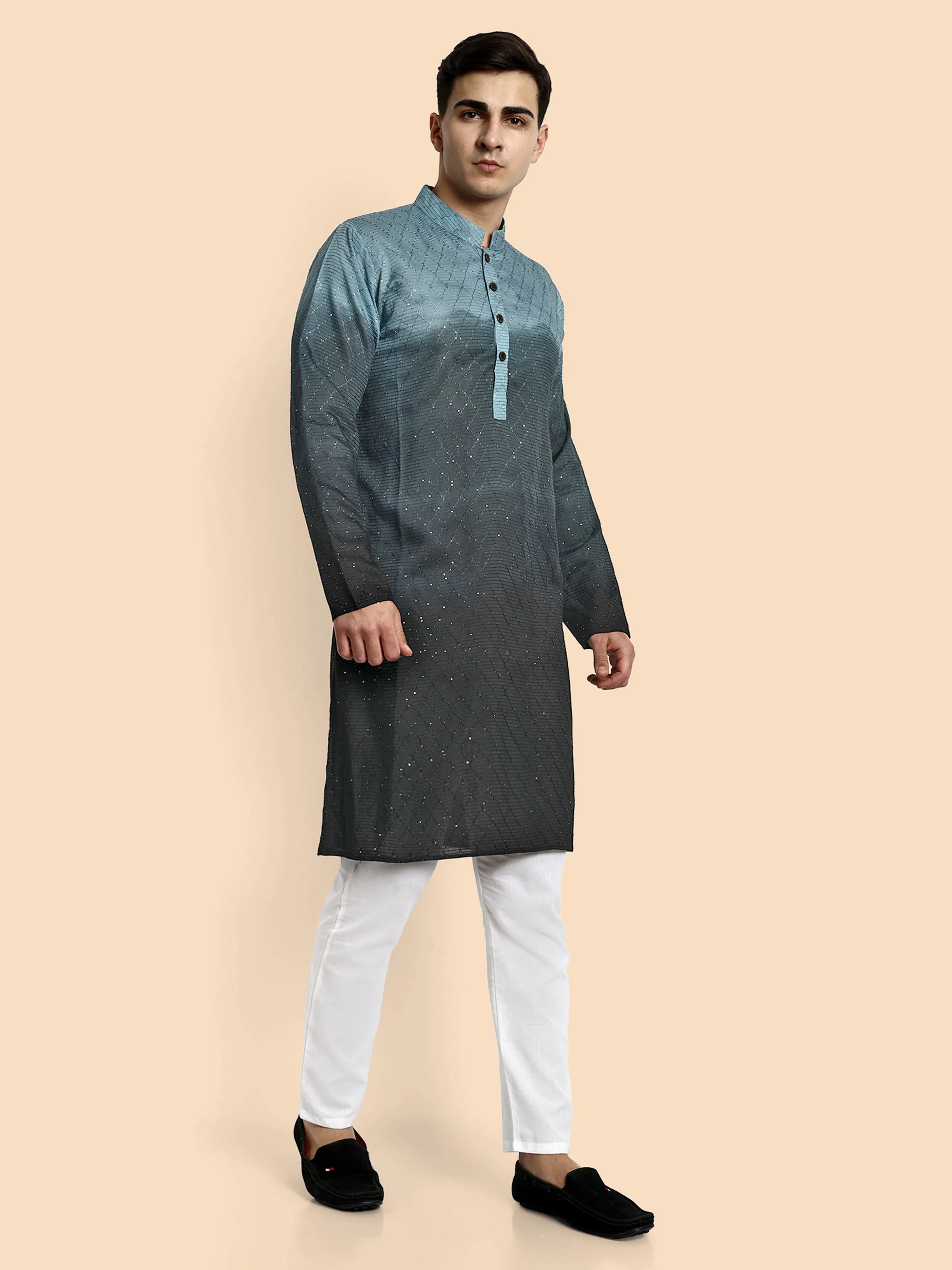 Fusion Dark Grey Cotton Kurta with Chikankari & Sequin Work - Image 4