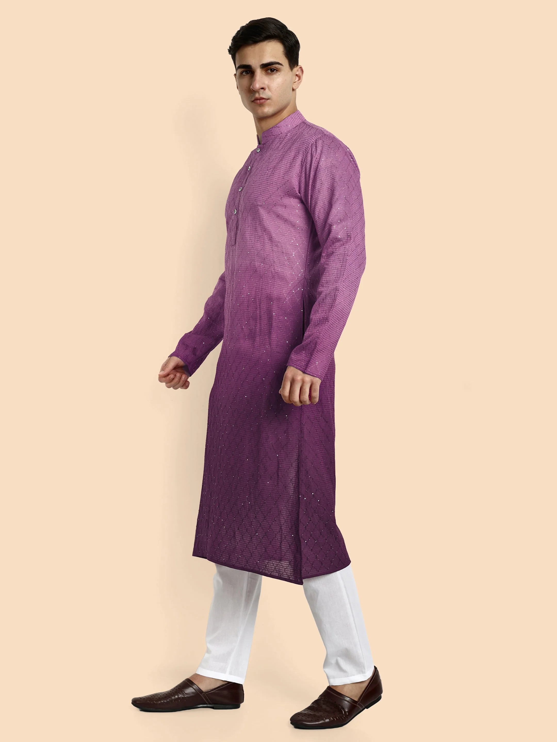 Fusion Purple Cotton Kurta with Chikankari & Sequin Work - Image 3