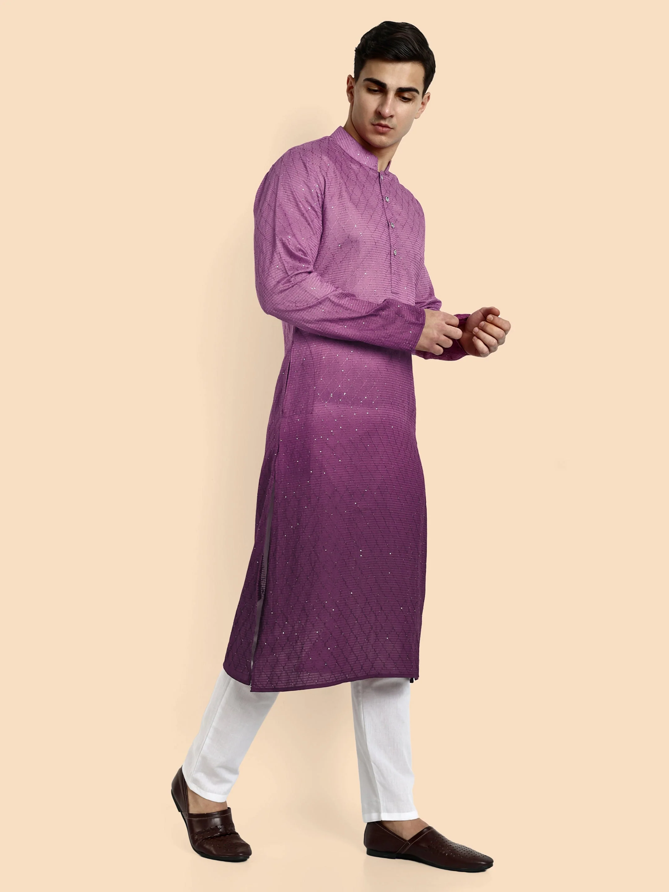 Fusion Purple Cotton Kurta with Chikankari & Sequin Work - Image 4
