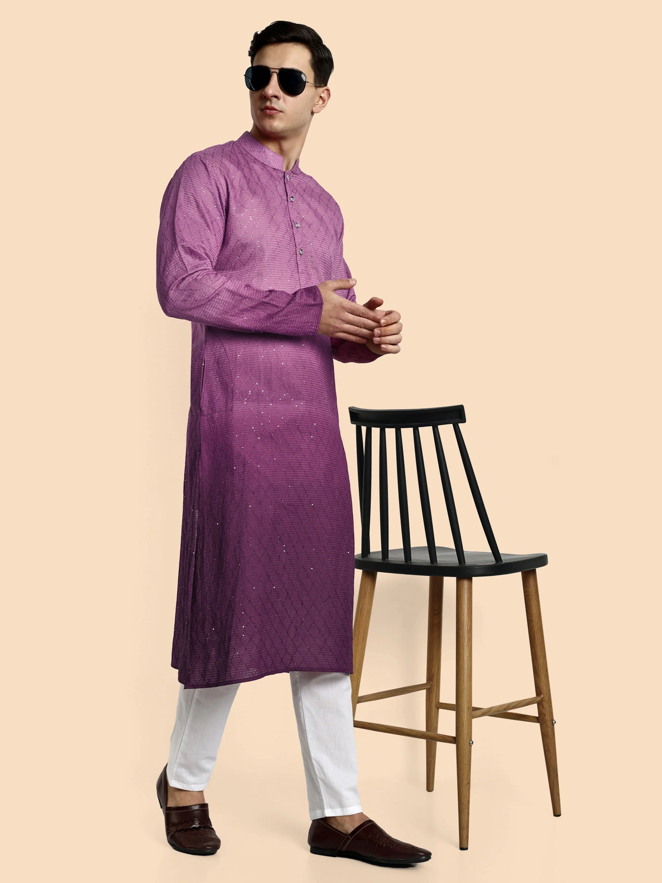 Fusion Purple Cotton Kurta with Chikankari & Sequin Work - Image 6