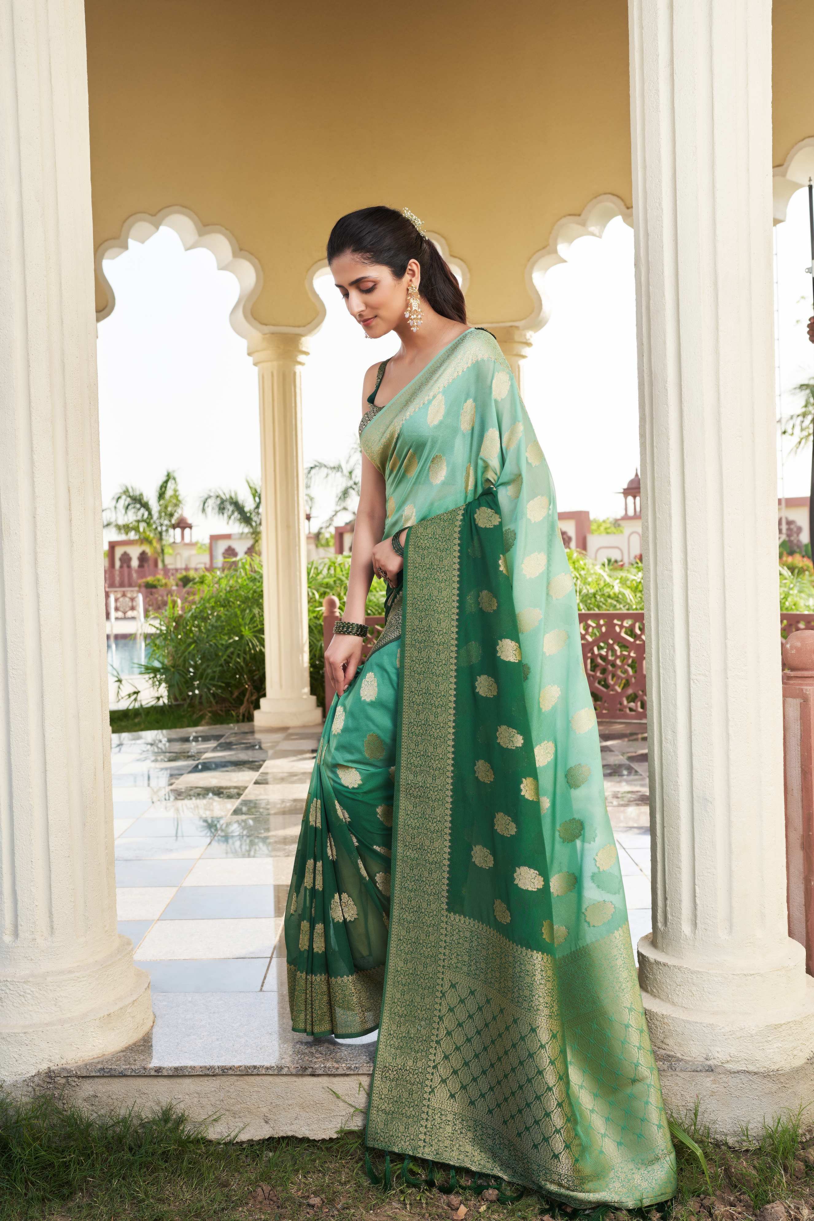 Gradient Green Feather Soft Saree - Image 3