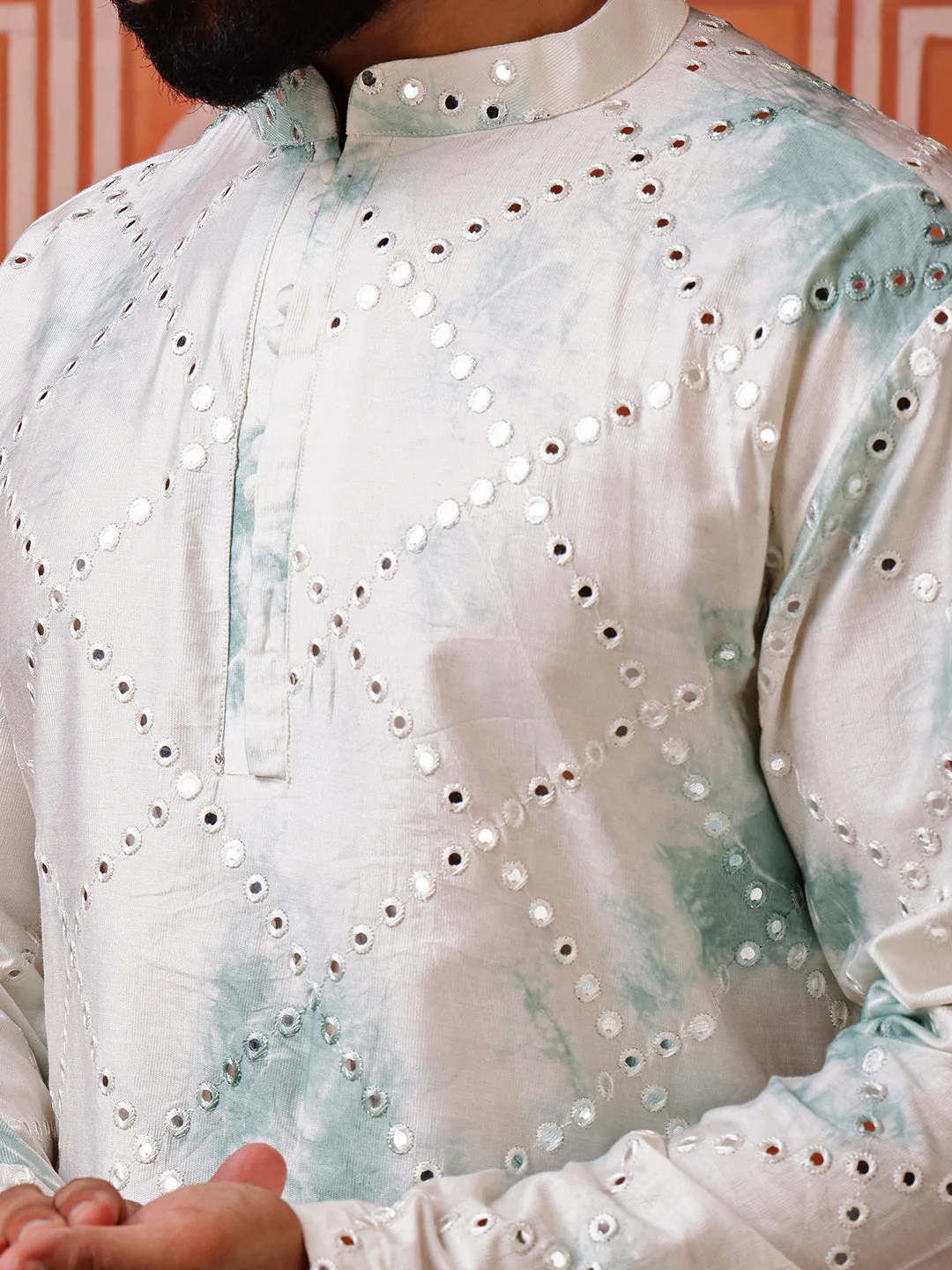 Green Abstract Kurta with Tie-Dye and Mirror Work - Image 3
