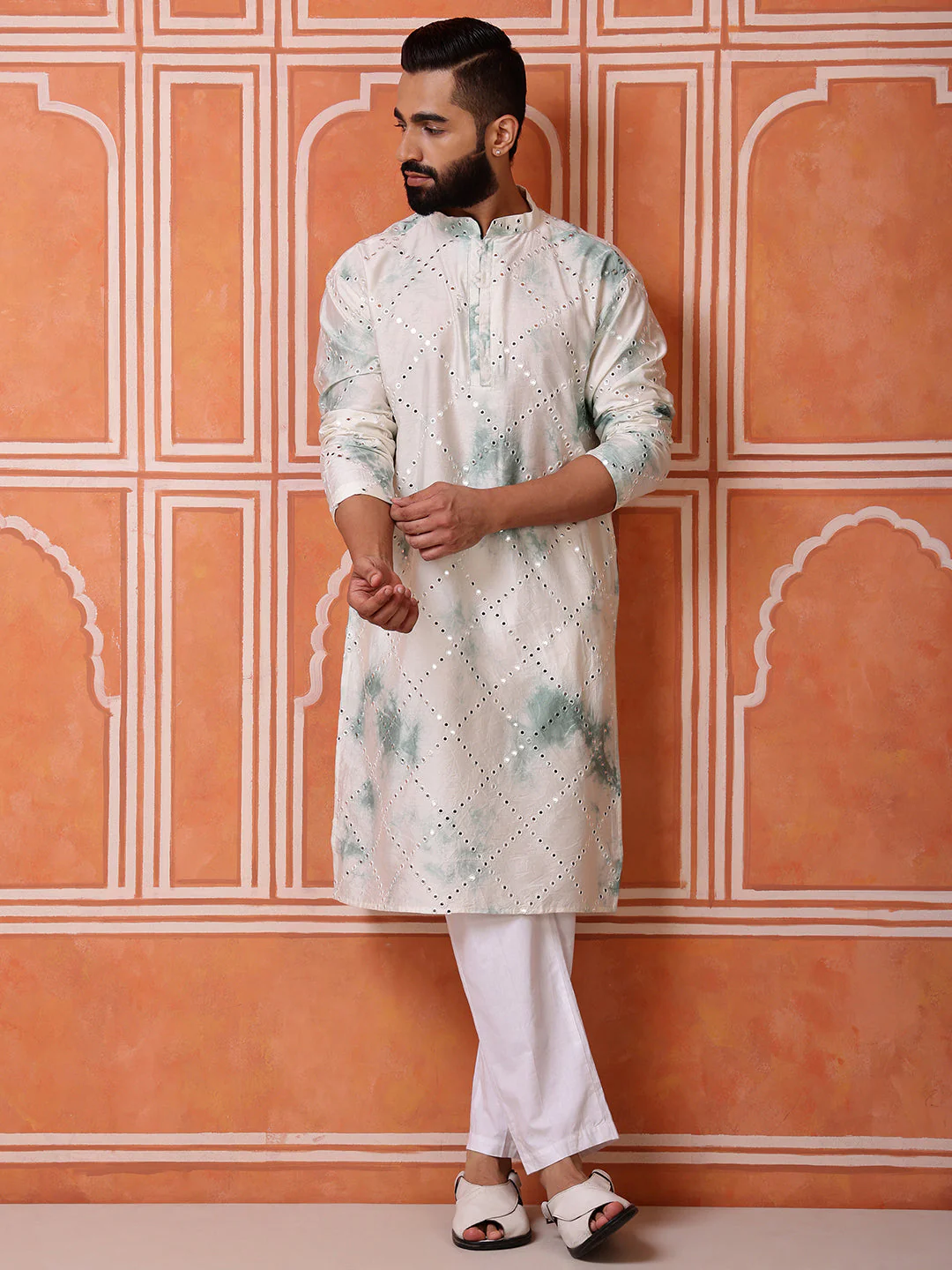Green Abstract Kurta with Tie-Dye and Mirror Work - Image 4