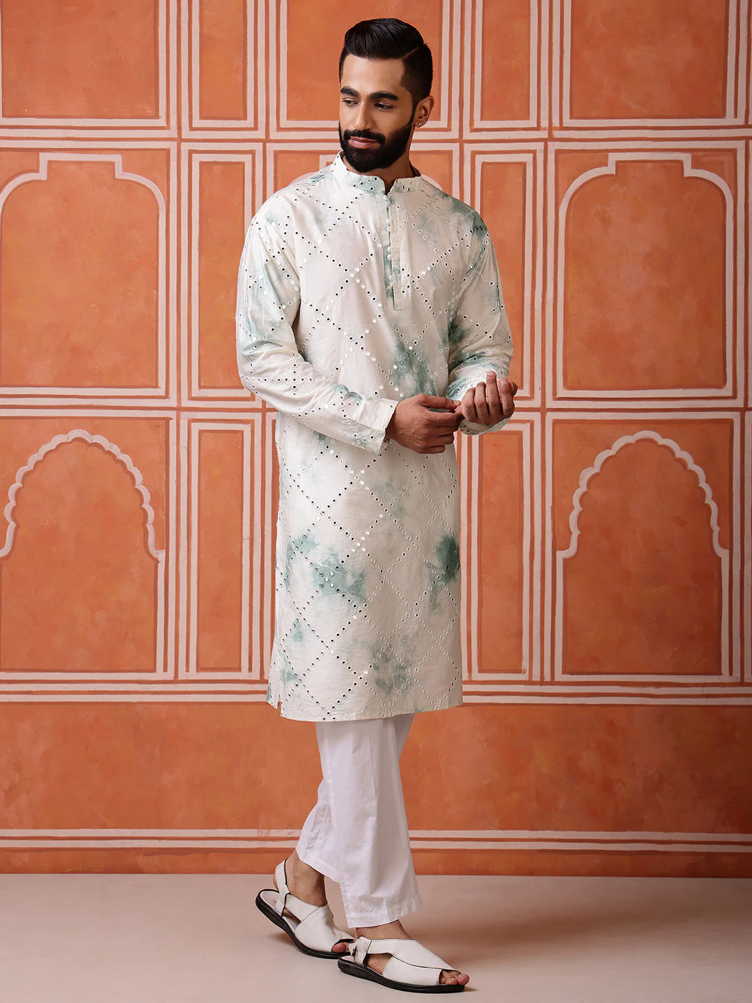 Green Abstract Kurta with Tie-Dye and Mirror Work - Image 6