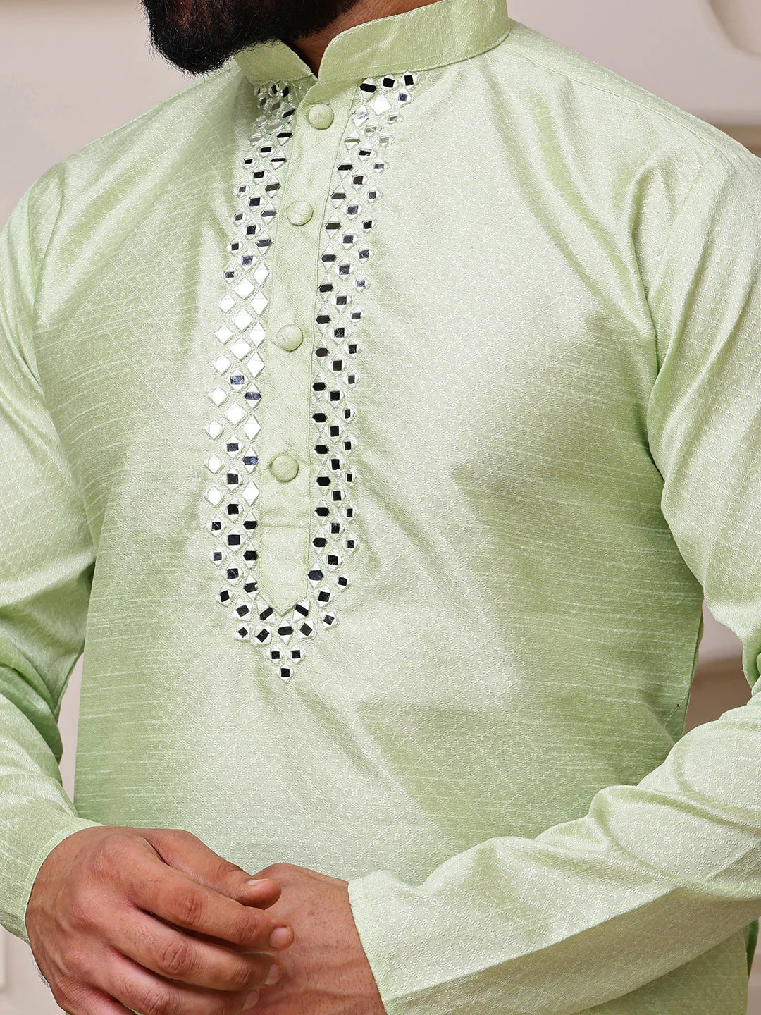 Green Jacquard Kurta with Mirror Work - Image 3