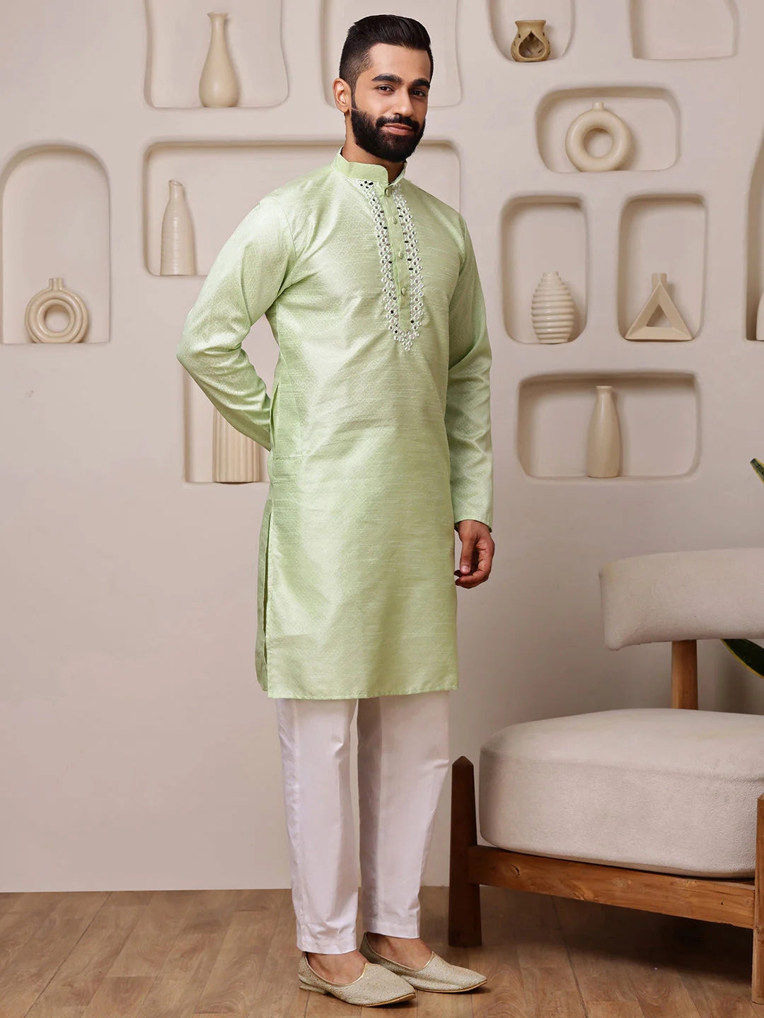 Green Jacquard Kurta with Mirror Work - Image 4