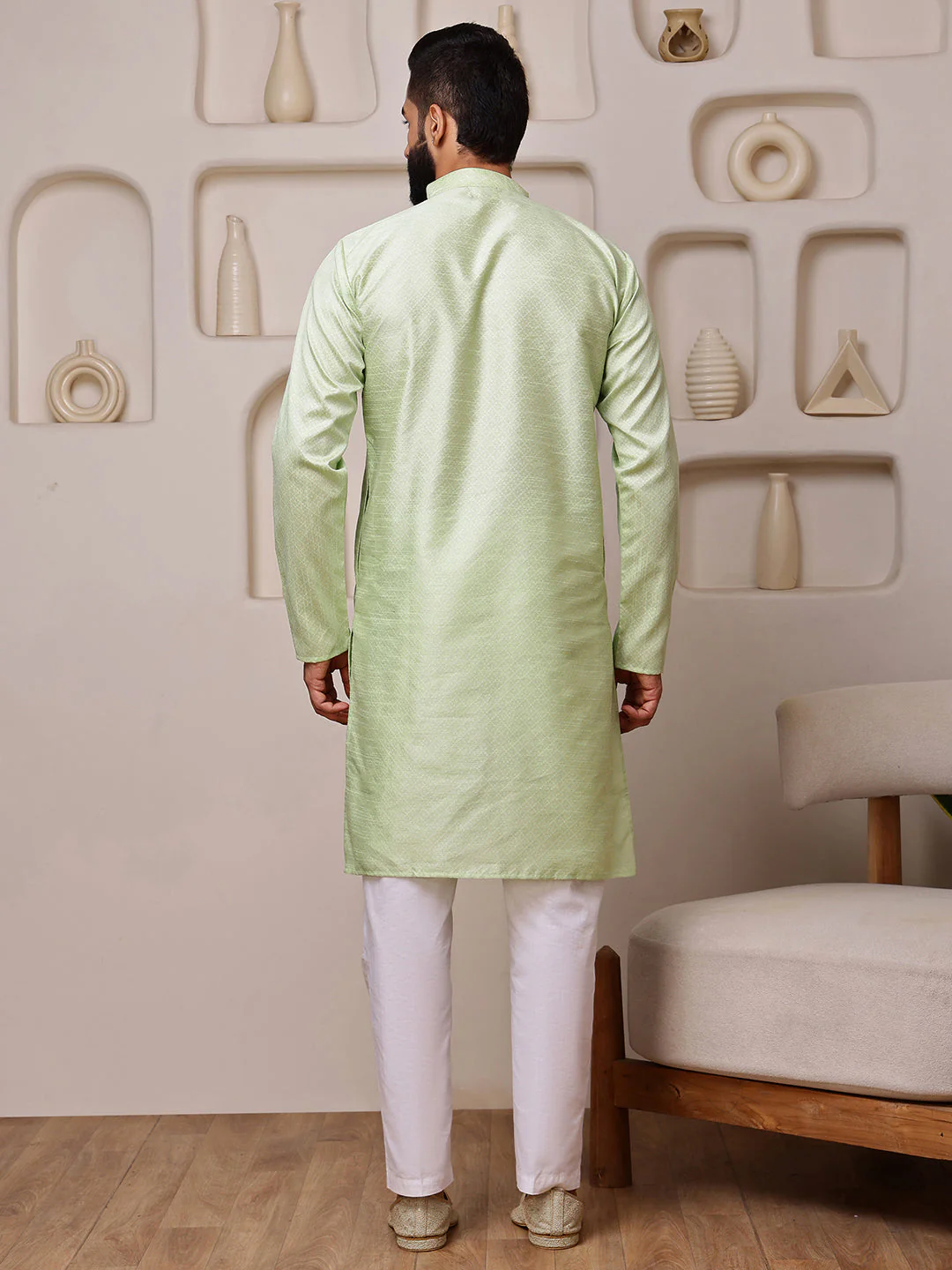Green Jacquard Kurta with Mirror Work - Image 5