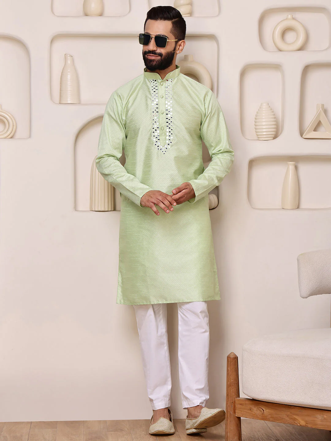 Green Jacquard Kurta with Mirror Work - Image 6