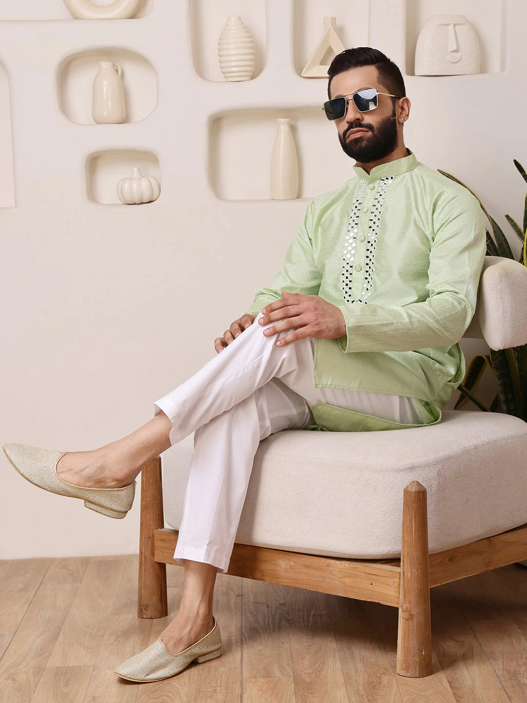 Green Jacquard Kurta with Mirror Work - Image 7