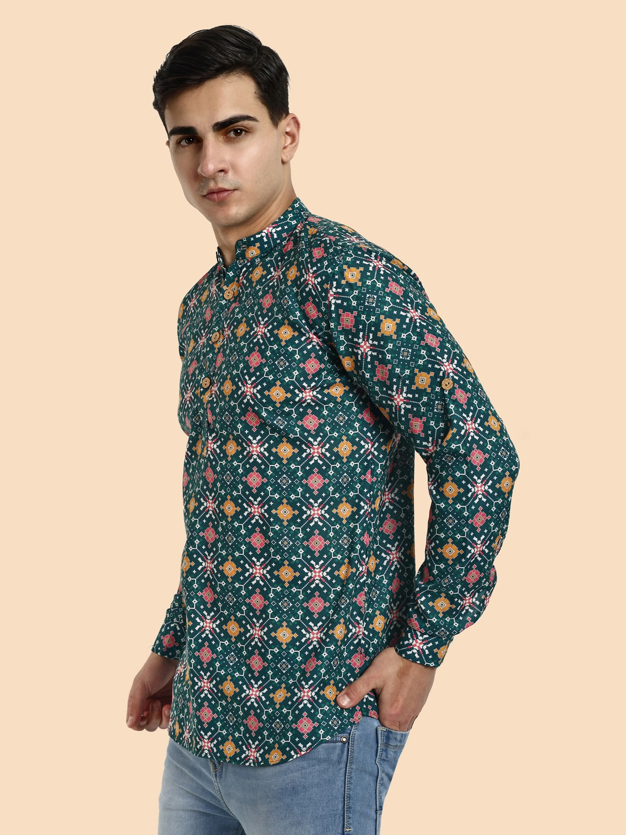 Green Printed Men's Short Kurta - Image 4