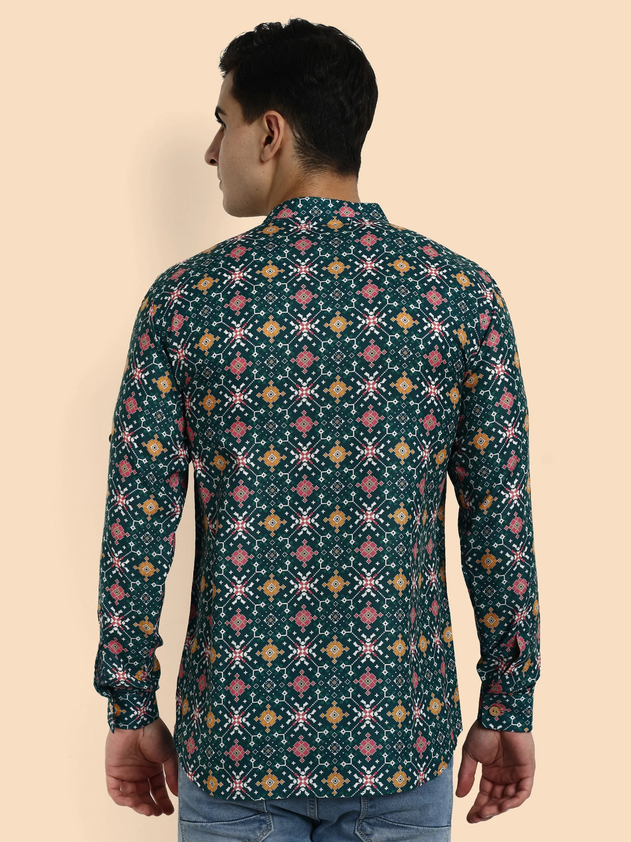 Green Printed Men's Short Kurta - Image 5