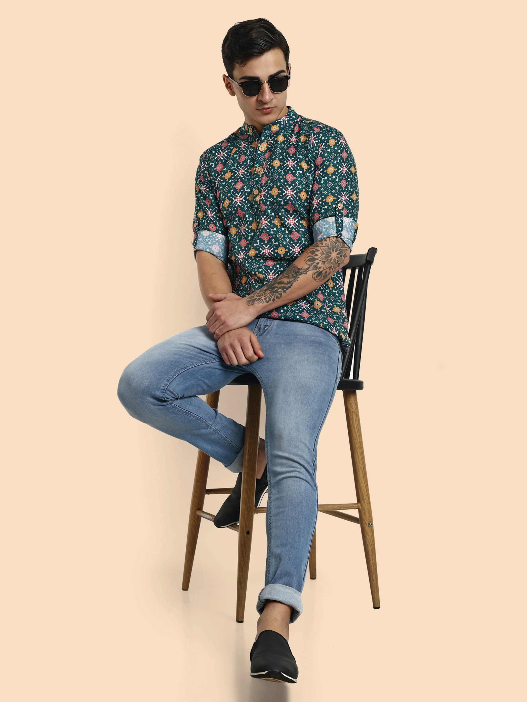 Green Printed Men's Short Kurta - Image 7