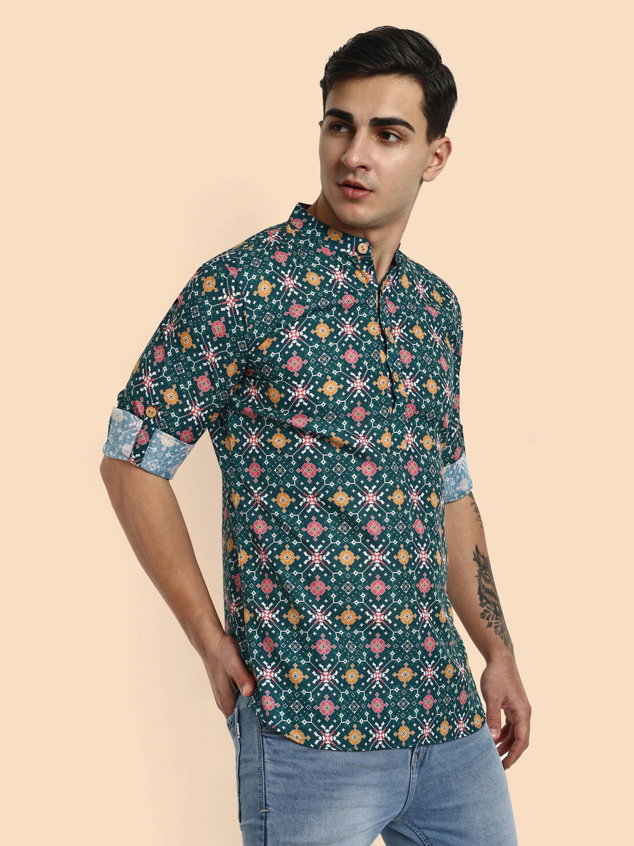 Green Printed Men's Short Kurta - Image 8