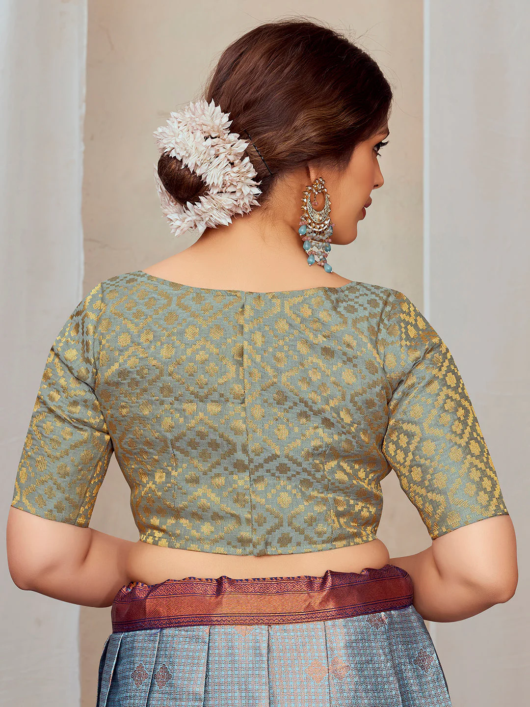 Grey Boat Neck Brocade Blouse with Gold Zari - Image 4