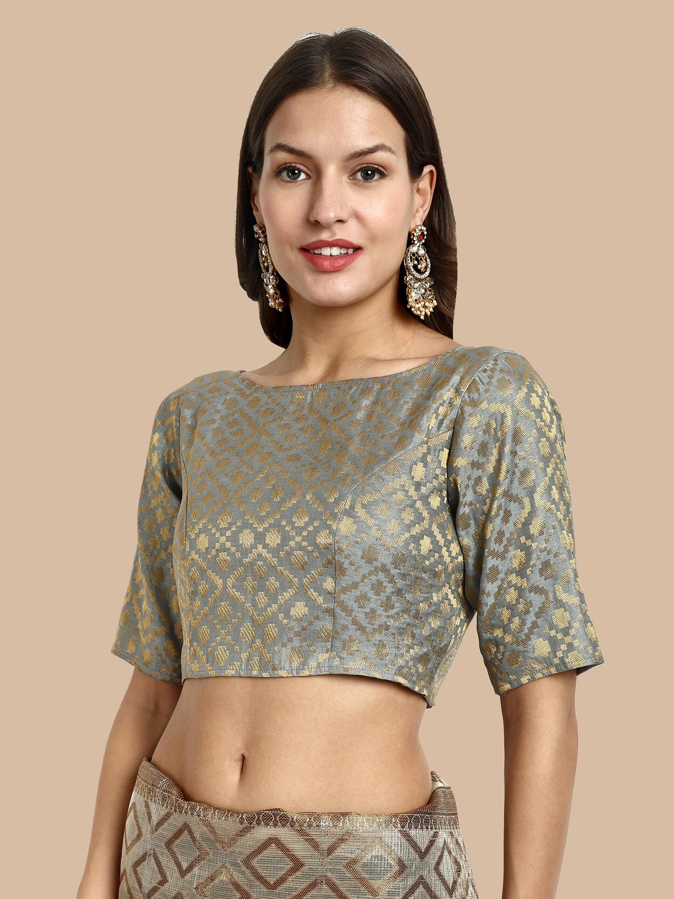 Grey Boat Neck Brocade Blouse - Image 3