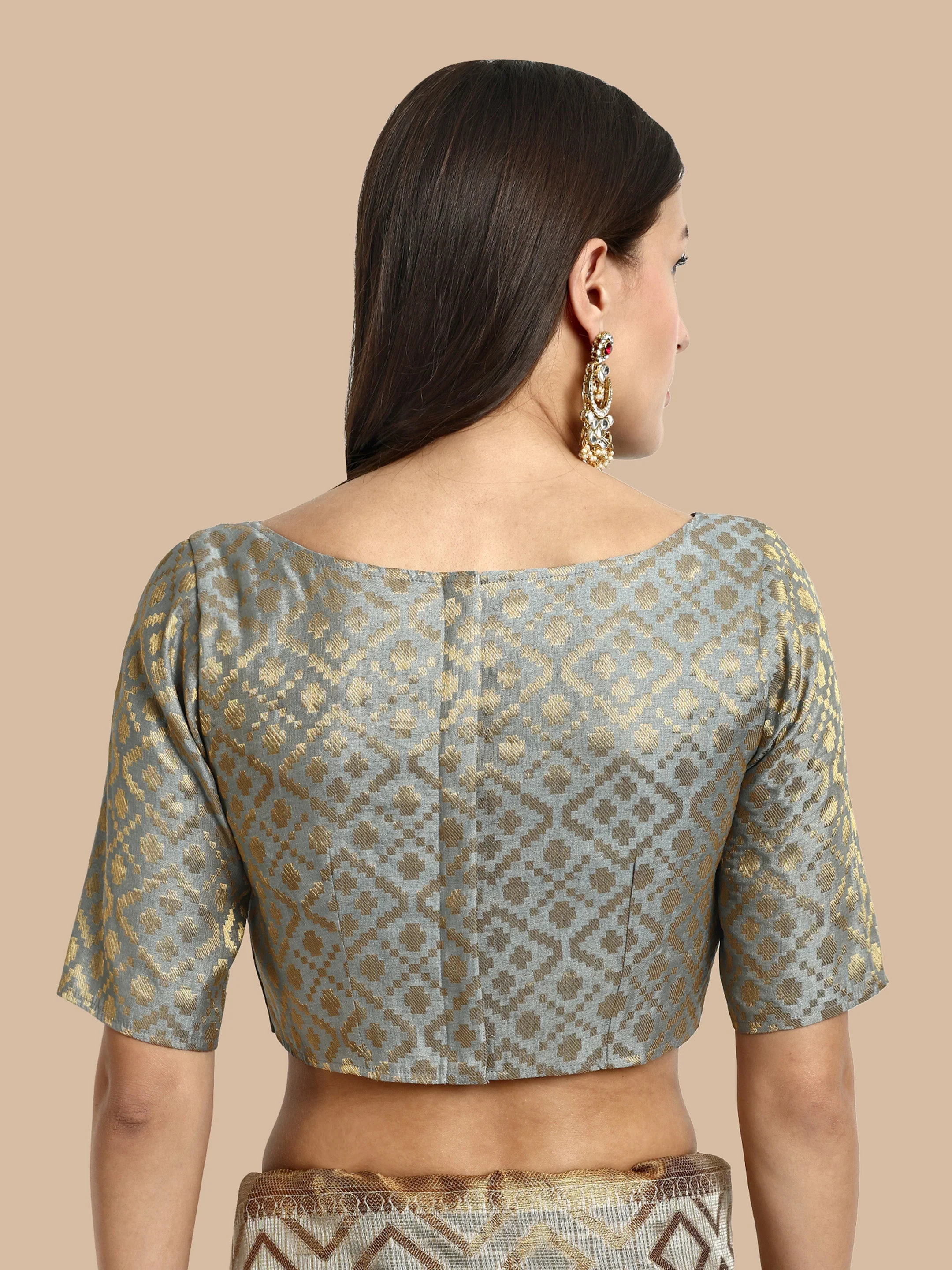 Grey Boat Neck Brocade Blouse - Image 4
