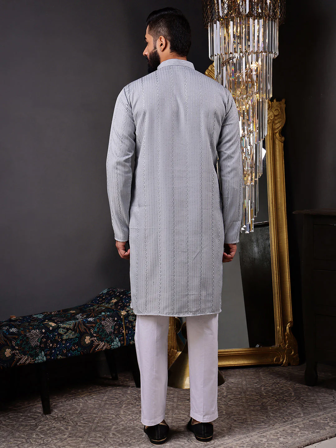 Grey Embroidered Kurta with Vertical Sequins Stripe - Image 5